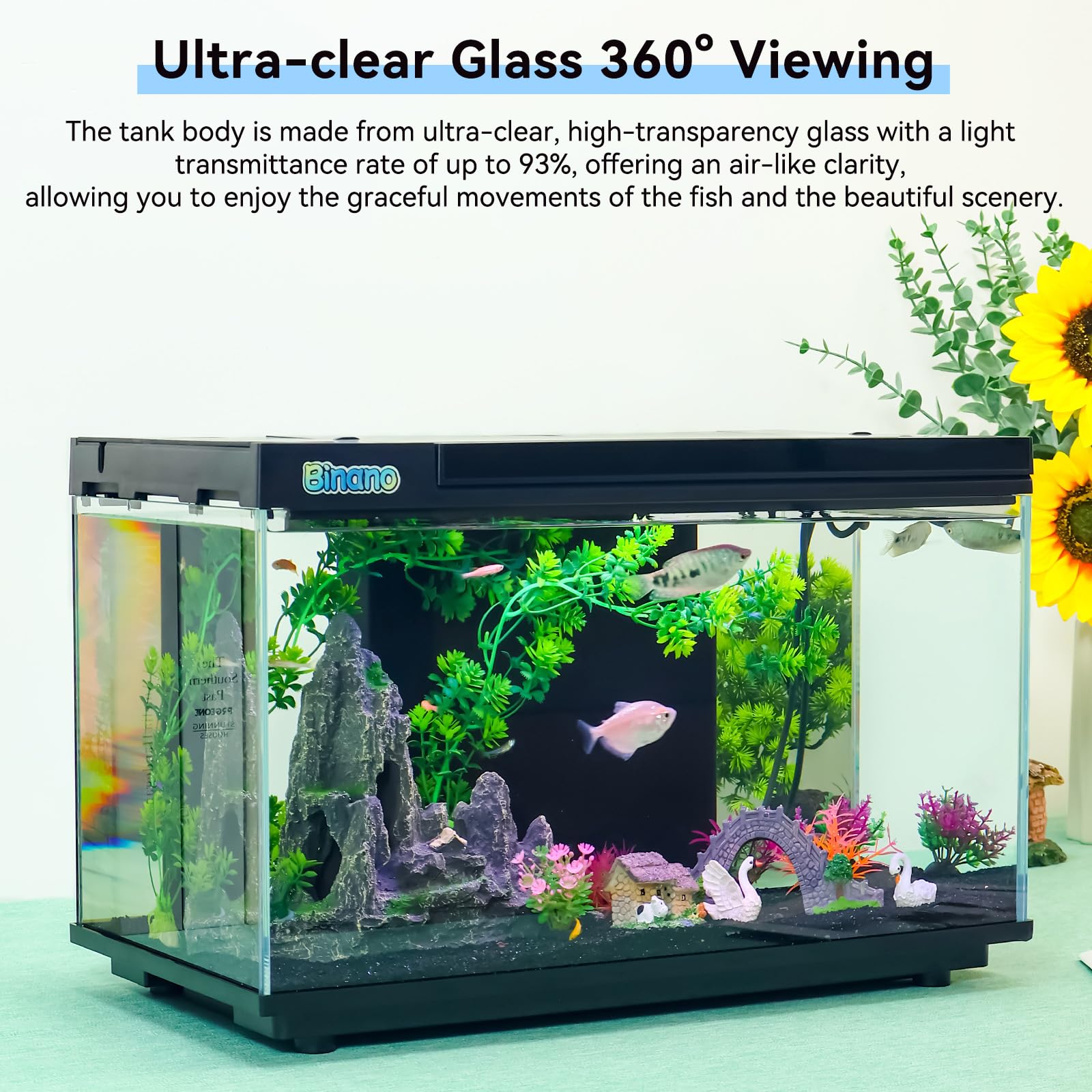Kit acquario 44,7 x 24,6 x 28,7 cm completo di display della temperatura in tempo reale, pompa dell'acqua a 3 velocità, archiviazione intelligente, filtro flessibile e 6 luci a colori, acquario