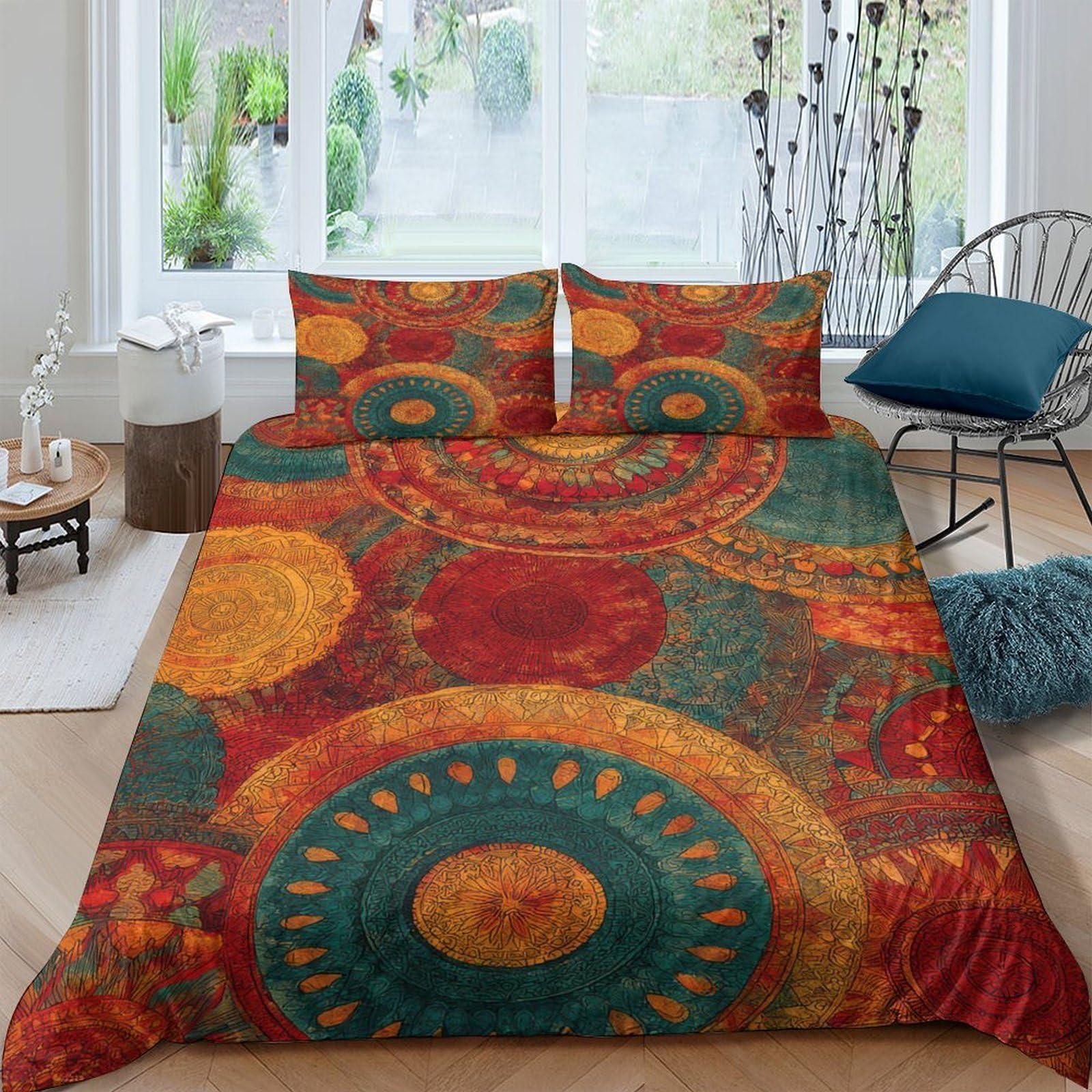 GPLZQXKJNH 3D Printed Mandala Boho Duvet Cover Set Microfiber Soft Breathable Bohemian Circle Quilt Cover with 2 Pillowcases for Bedroom Decor Single（135x200cm）