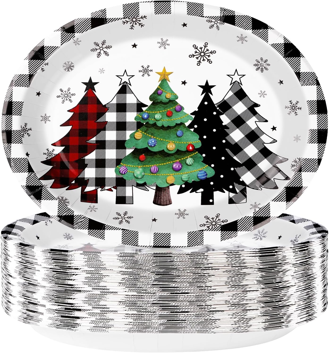 100Pcs Christmas Oval Paper Plates 10" x 12" Heavy Duty Christmas Trees Black Buffalo Plaid Disposable Dessert Plates Xmas Tree Snowflake Platters for Xmas Winter Holiday Birthday Party Decorations