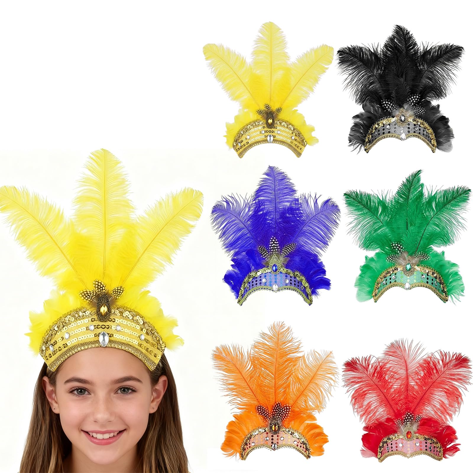 FUNLOV Feather Headpiece for for Women Girls, Women's Carnival Feather Headpieces Sequin Headdress for Wedding, Masquerade Party, Cosplay, Showgirl Headbands Accessories (Yellow)