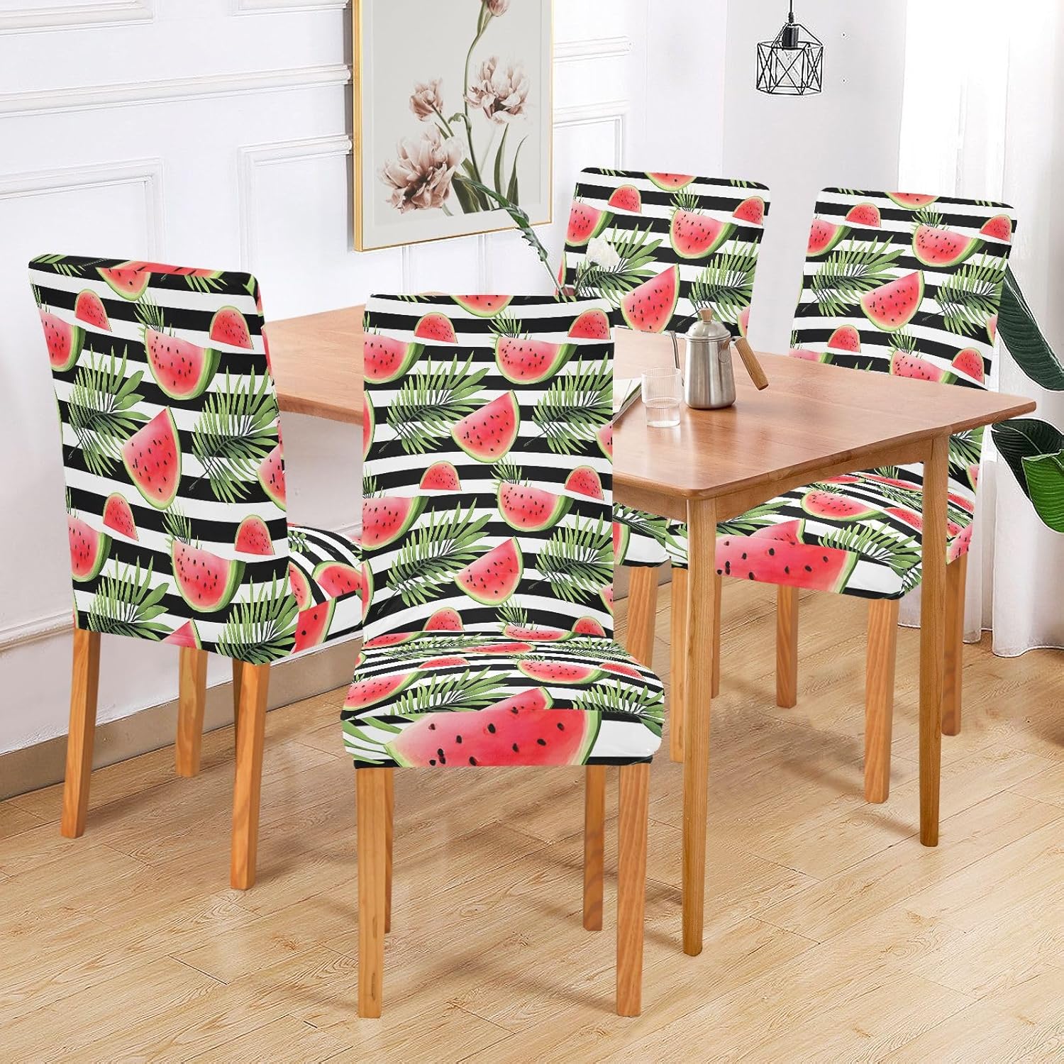 ALAZA Chair Covers for Dining Room, Black and White Stripe Watermelon Pattern Stretch Chair Cover Sets Chair Protector Removable Washable for Ktichen Restaurant Hotel