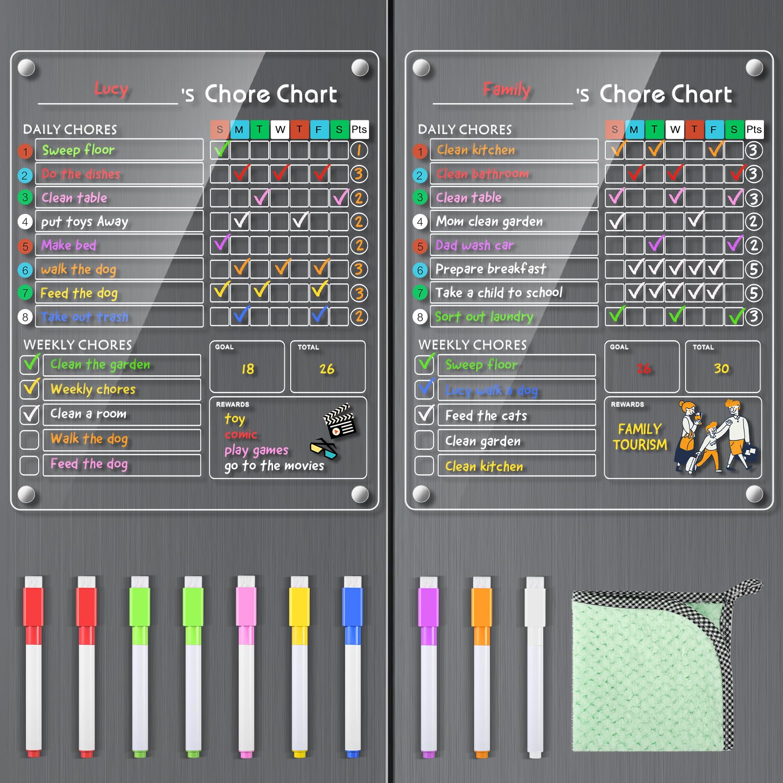 Acrylic Magnetic Chore Chart for Kids, 9.5"x12" Behavior Reward Responsibility Chart for Kids/Teens/Adults Chore Chart for Multiple Kids, Reusable