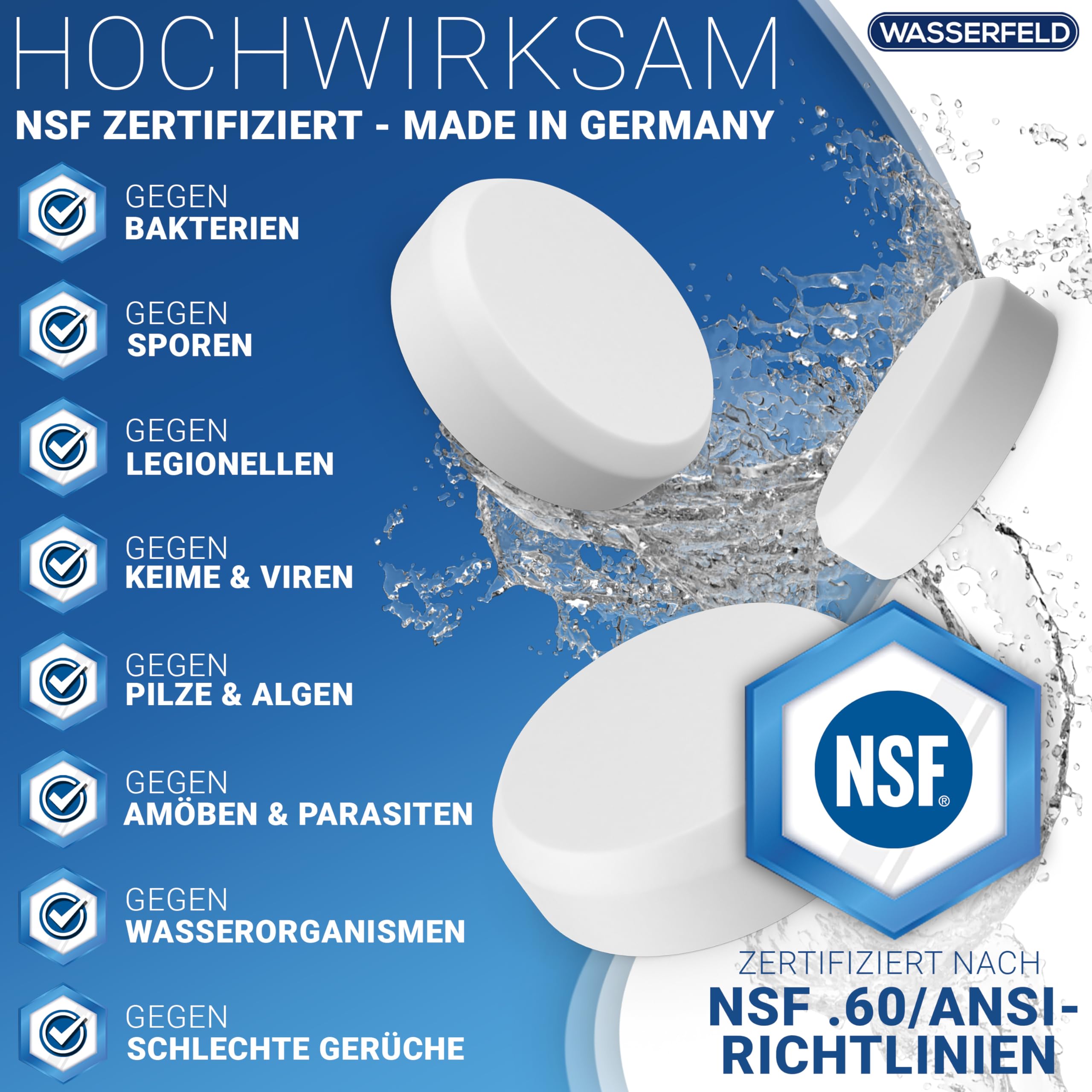 WASSERFELD® Wasserentkeimungstabletten [26 Stück] - Made in Germany - NSF geprüfte Wasseraufbereitung Tabletten für 2.600L Trinkwasser - Notfall Ausrüstung - Trinkwasseraufbereitung