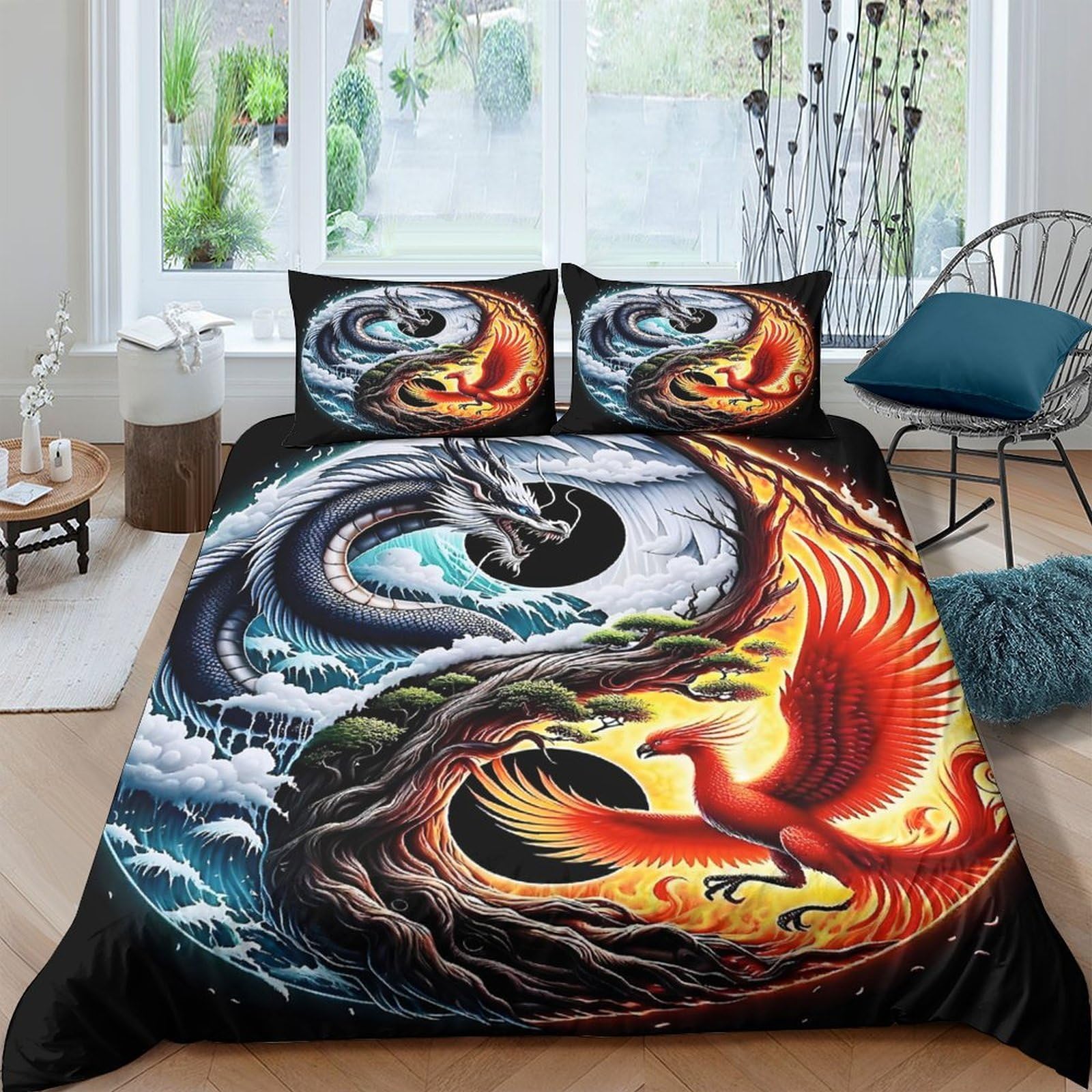 Ctjqhvkz Style-10 3D Printed Dragon Yin Yang Fitted Sheet Microfiber Fire Phoenix Bed Cover Non-Slip Machine Washable Bedroom Decor Single（135X200cm）