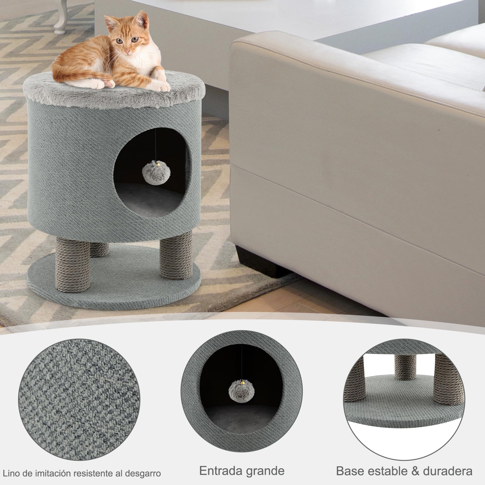 GYMAX Cueva para Gatos, Casa para Gatos con Funda Suave, Bola Colgante y Entrada Redonda, Árbol Rascador Acolchado con 3 Columnas para Rascar, Taburete Soporta hasta 60 kg (Gris)