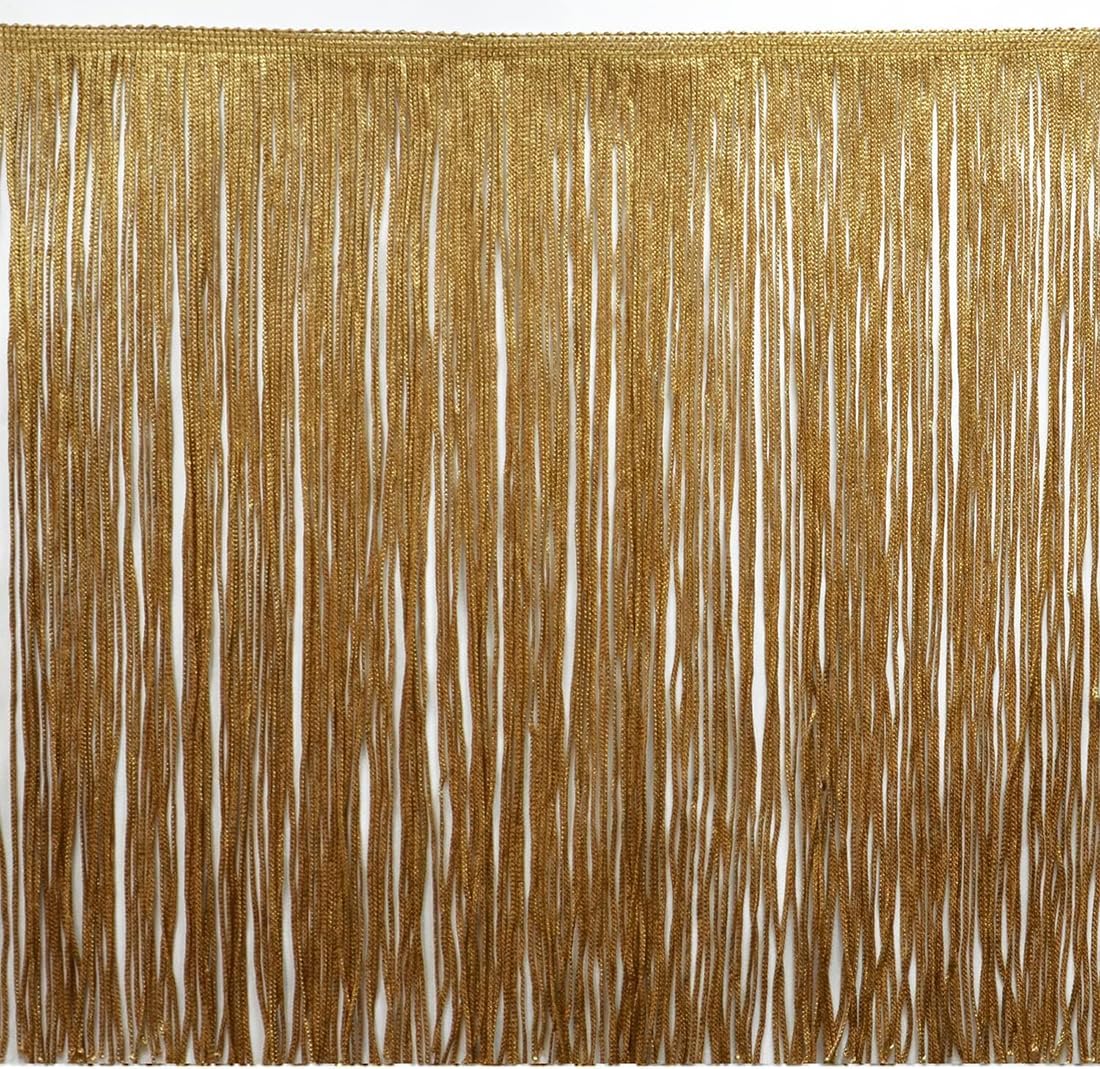 Trims By The Yard 12" Chainette Fringe Trim, Polyester-Made Decorative Fringe Trim, Versatile Fringes for Costumes, Uniforms, Home Decor, and Party Decorations, 10 yards, Gold
