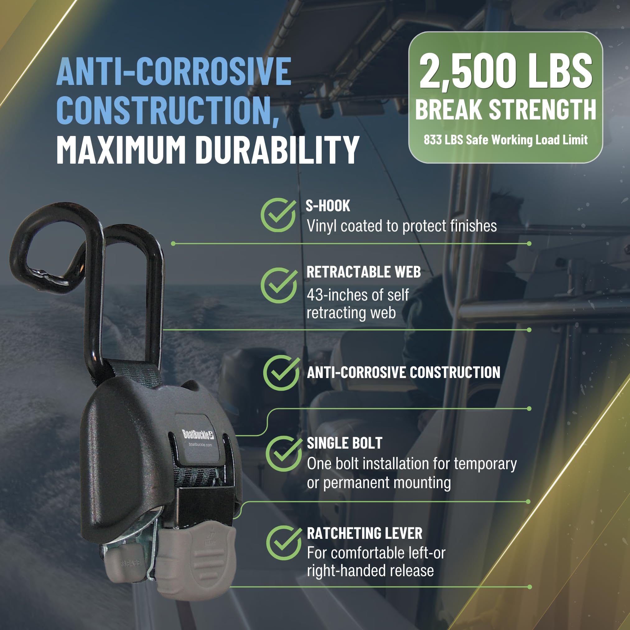BoatBuckle (F14221EC) G2 Gunwale Transom Tie-Down 2 x 38 inches with Vinyl-Coated Double J-Hook, 2500lbs Break Strength, 2-Pack