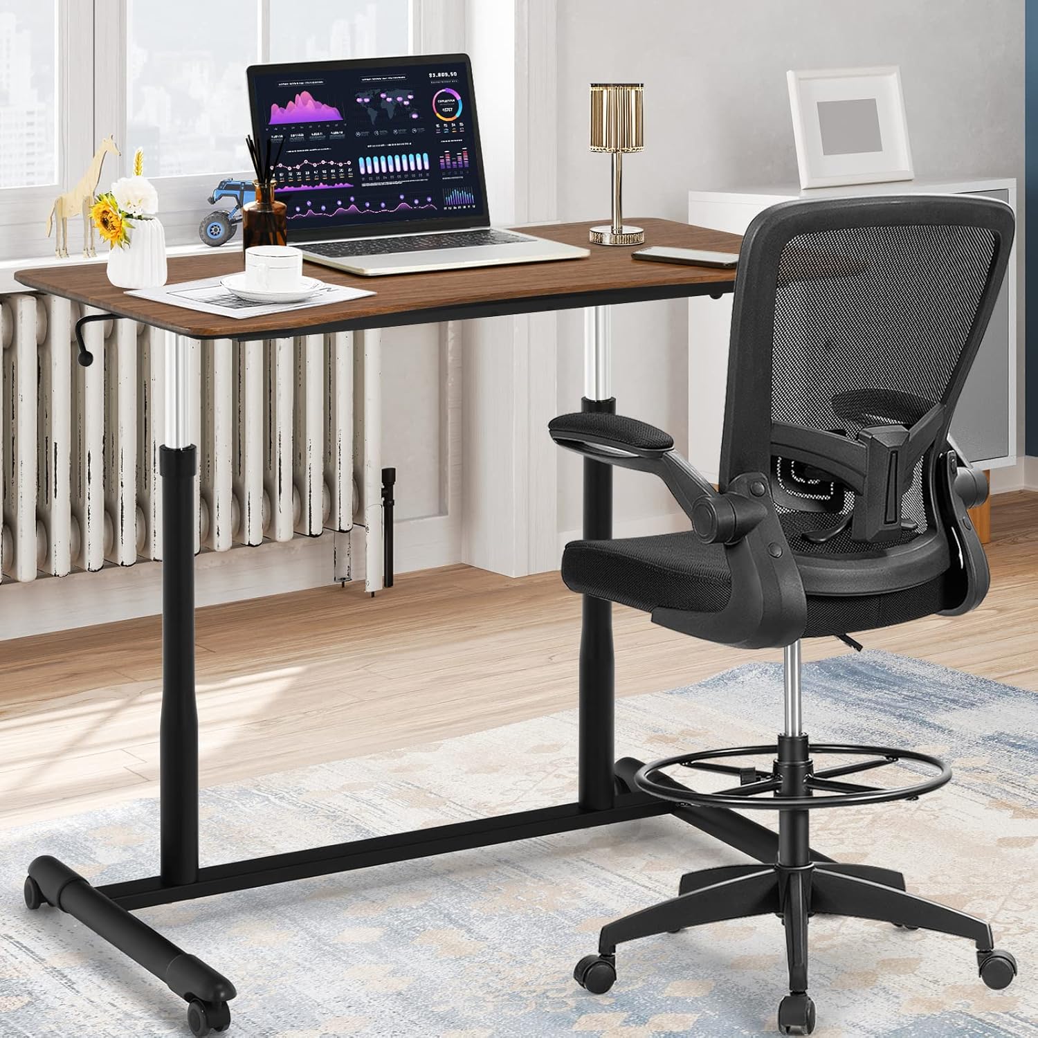 COSTWAY Mobile Height Adjustable Standing Desk, Compact Pneumatic Sit to Stand Computer Desk w/Lockable Casters, Ergonomic Rolling Laptop Table w/Steel Frame for Home Office (Espresso)