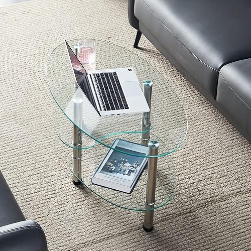 Miniatura 3 de Mesa de té de vidrio ovalada para oficina, mesa de centro moderna de 3 niveles, mesa auxiliar para sala de estar (transparente) Transparente,Negro -