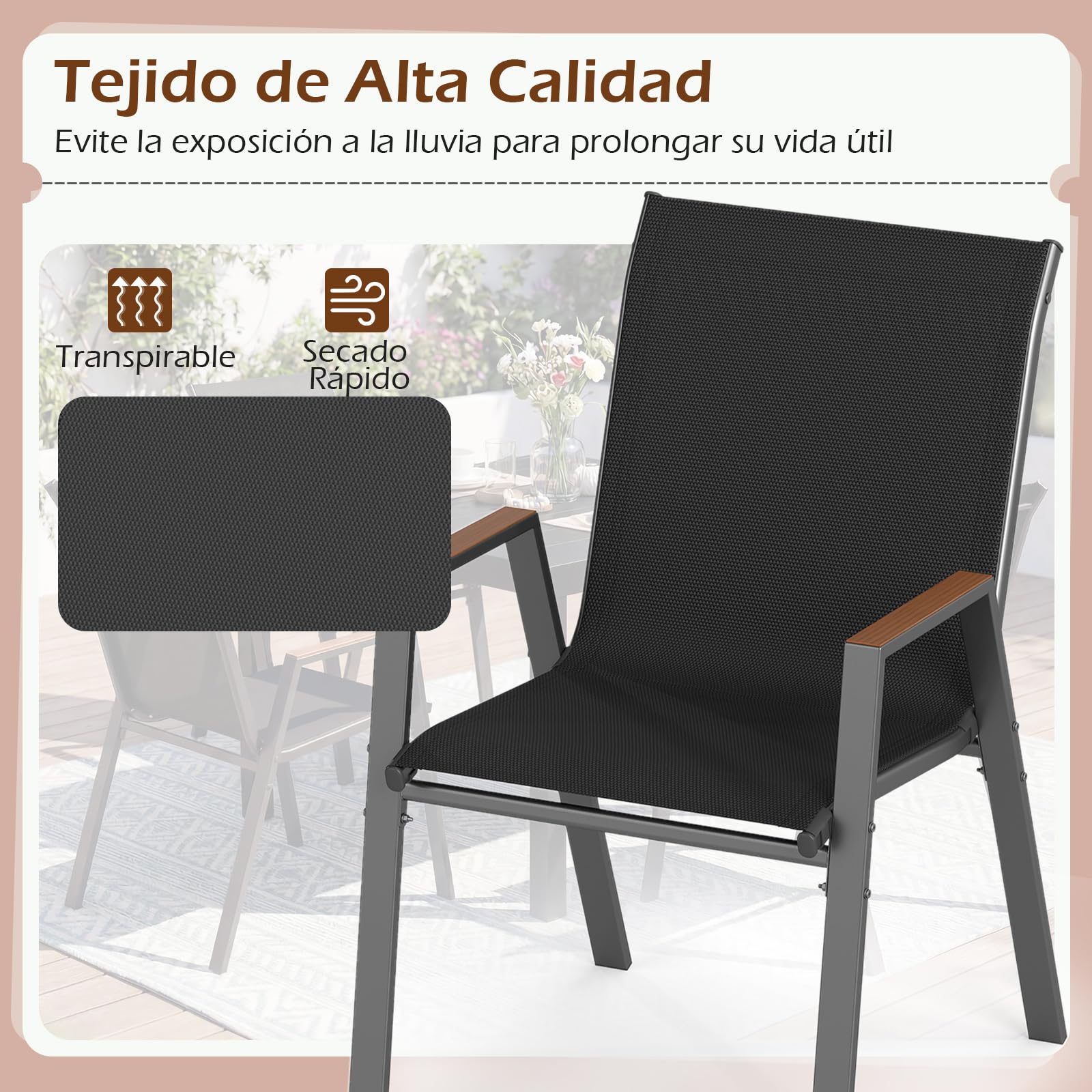 COSTWAY 2/4 Sillas Jardín Apilables, Textilene, Sillas Terraza Exterior con Respaldo Alto y Reposabrazos Ergonómicas, Marco de Metal, 56 × 66 × 88 cm, Patio Balcon, Carga 180kg (Negro,2)