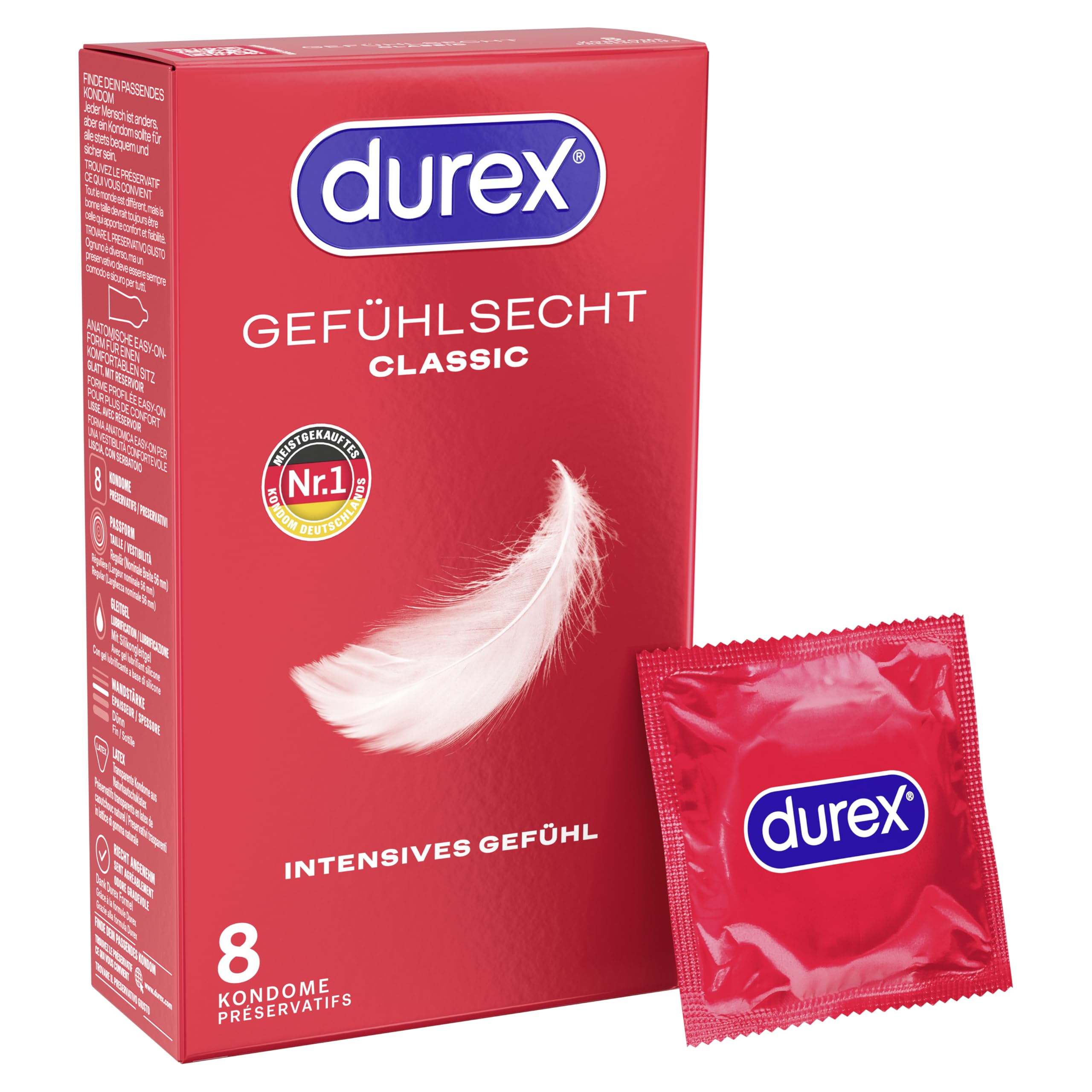 Durex Gefühlsecht Classic Kondome – Dünne Kondome mit anatomischer Easy-On-Form & Silikongleitgel, 8er Pack
