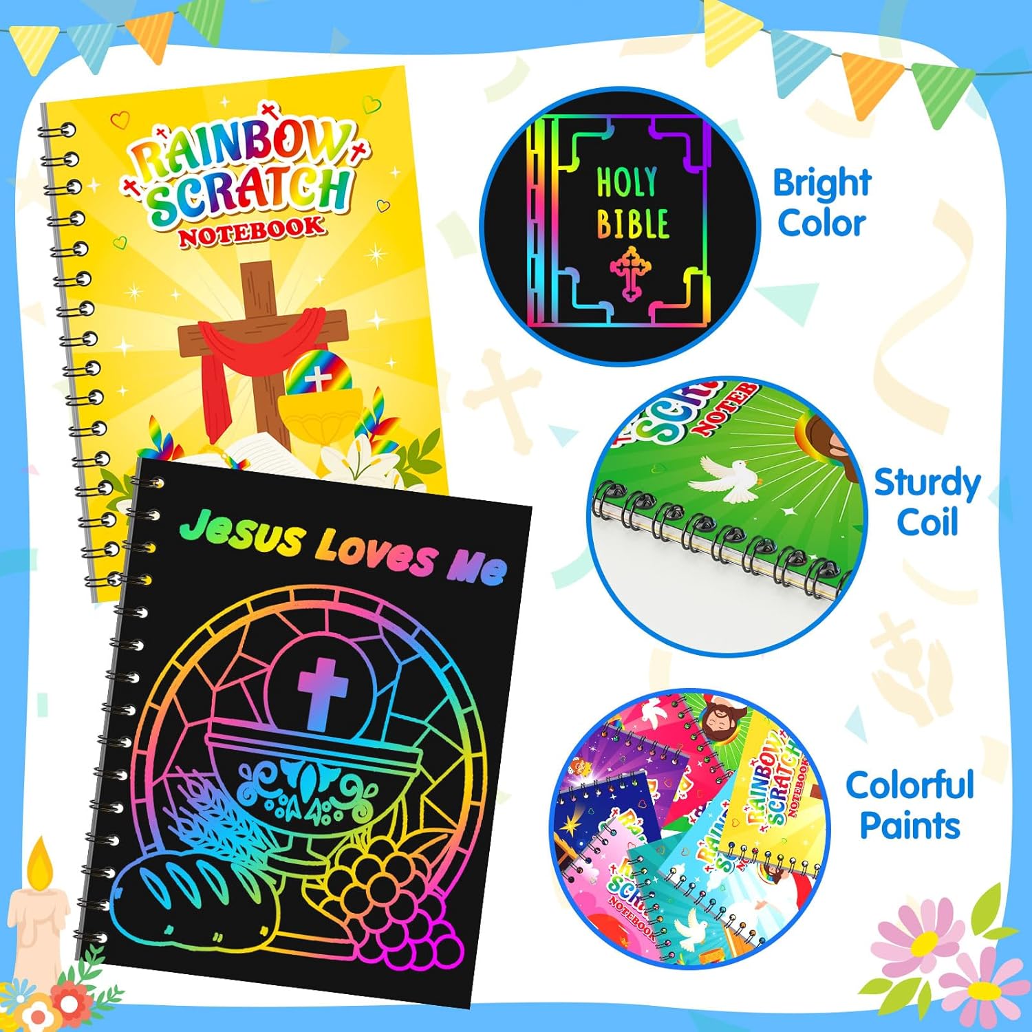 Rainbow Scratch Paper Party Favors: 24 Pack Christian Rainbow Scratch Notebook, Goodie Bags Stuffers Coloring Books Party Favors for Kids 3-12, Bulk Classroom Birthday Gifts for Student