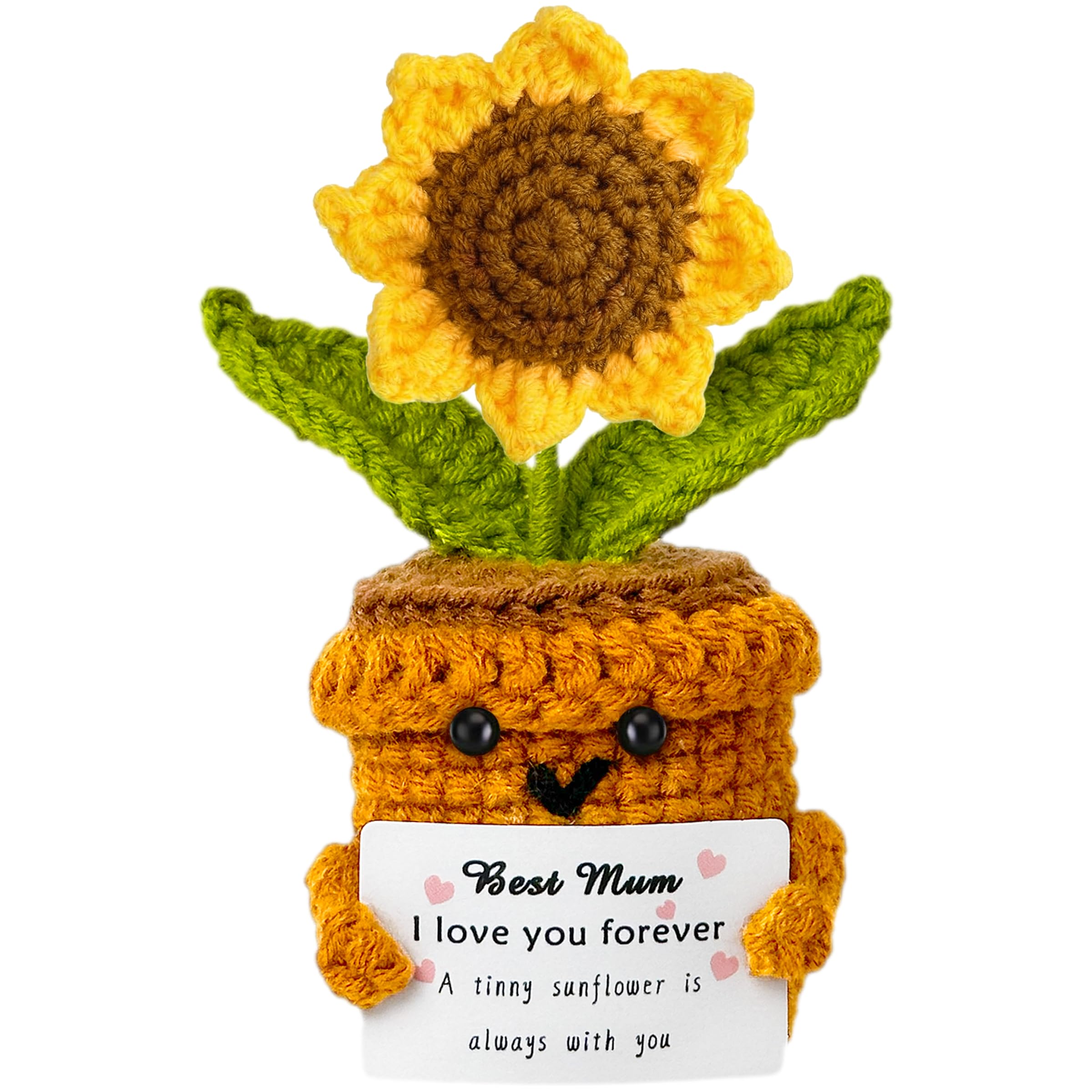 DONGTATA Mothers Day Gifts - Mini Birthday Gift for Mum, Cute Handmade Crochet Sunflower, Mum Gift from Daughter or Son with Love Card, Small Thank You Present for Mum