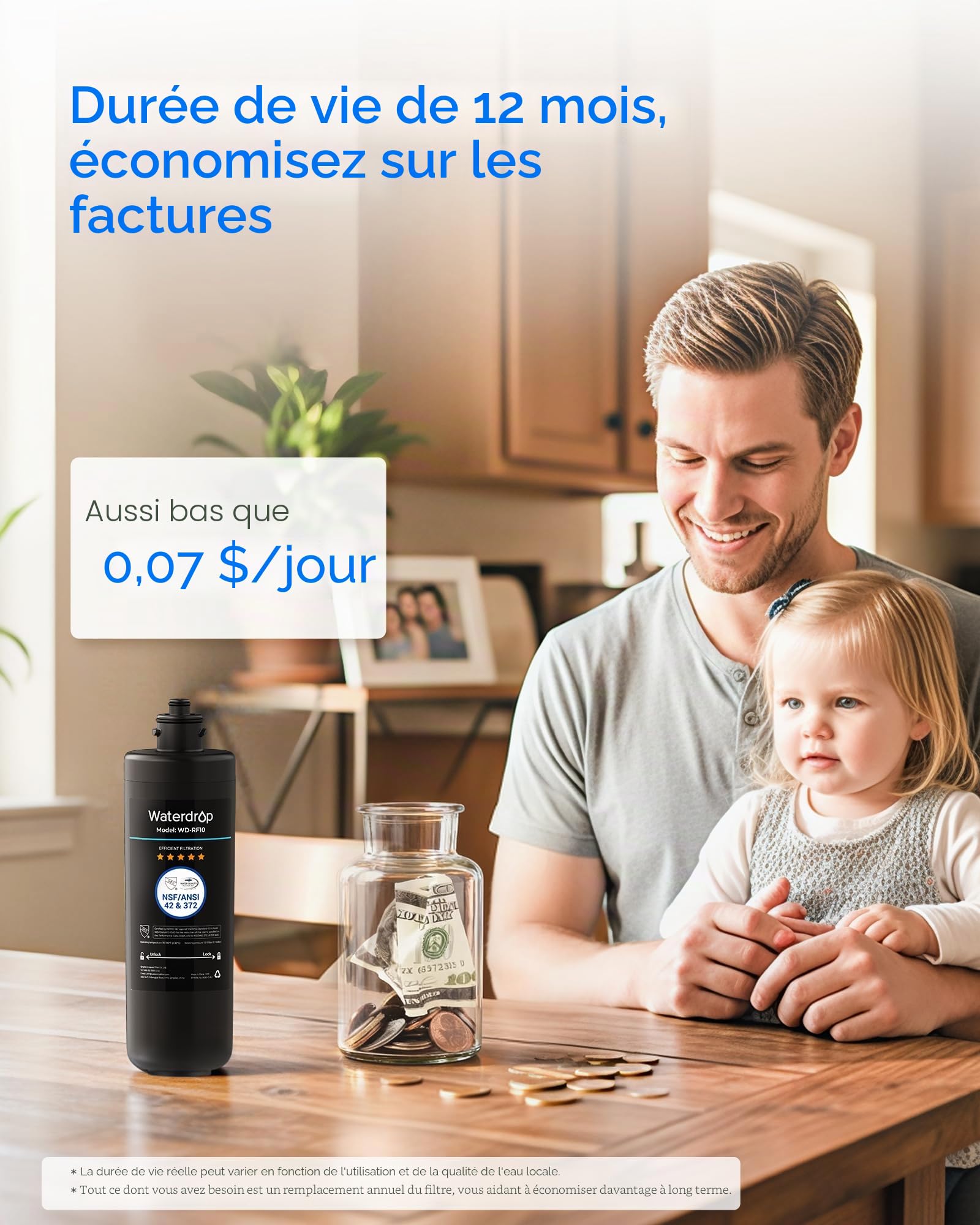 Waterdrop WD-RF10 Filtre à Eau, NSF/ANSI 42 Certifié, 30000 Litres, Remplacement pour Évier