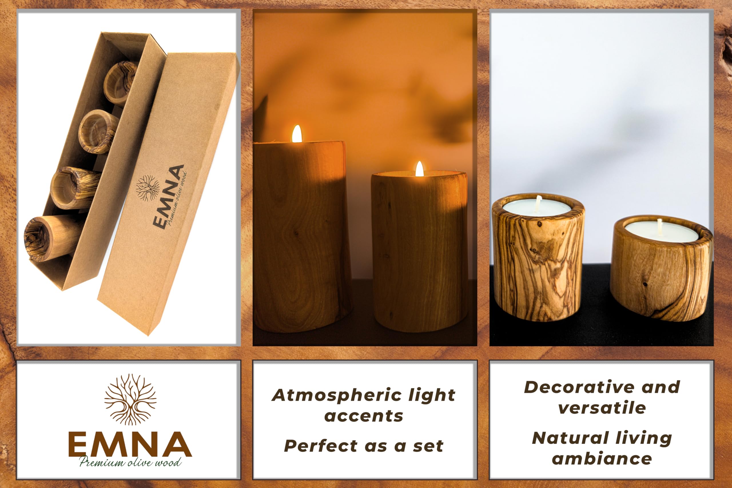 EMNA - Lot de 4 photophores en bois d'olivier de luxe | Hauteur : environ 4, 6, 8, 10 cm | Boîte cadeau incluse | Noël | Saint-Valentin | Support de bougie | Décoration romantique bien-être salle de