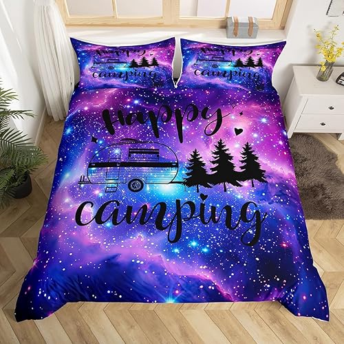 Galaxy Camper - Juego de ropa de cama tamaño Queen, juego de funda de edredón con diseño de bocetos de camping feliz para niños, regalo de