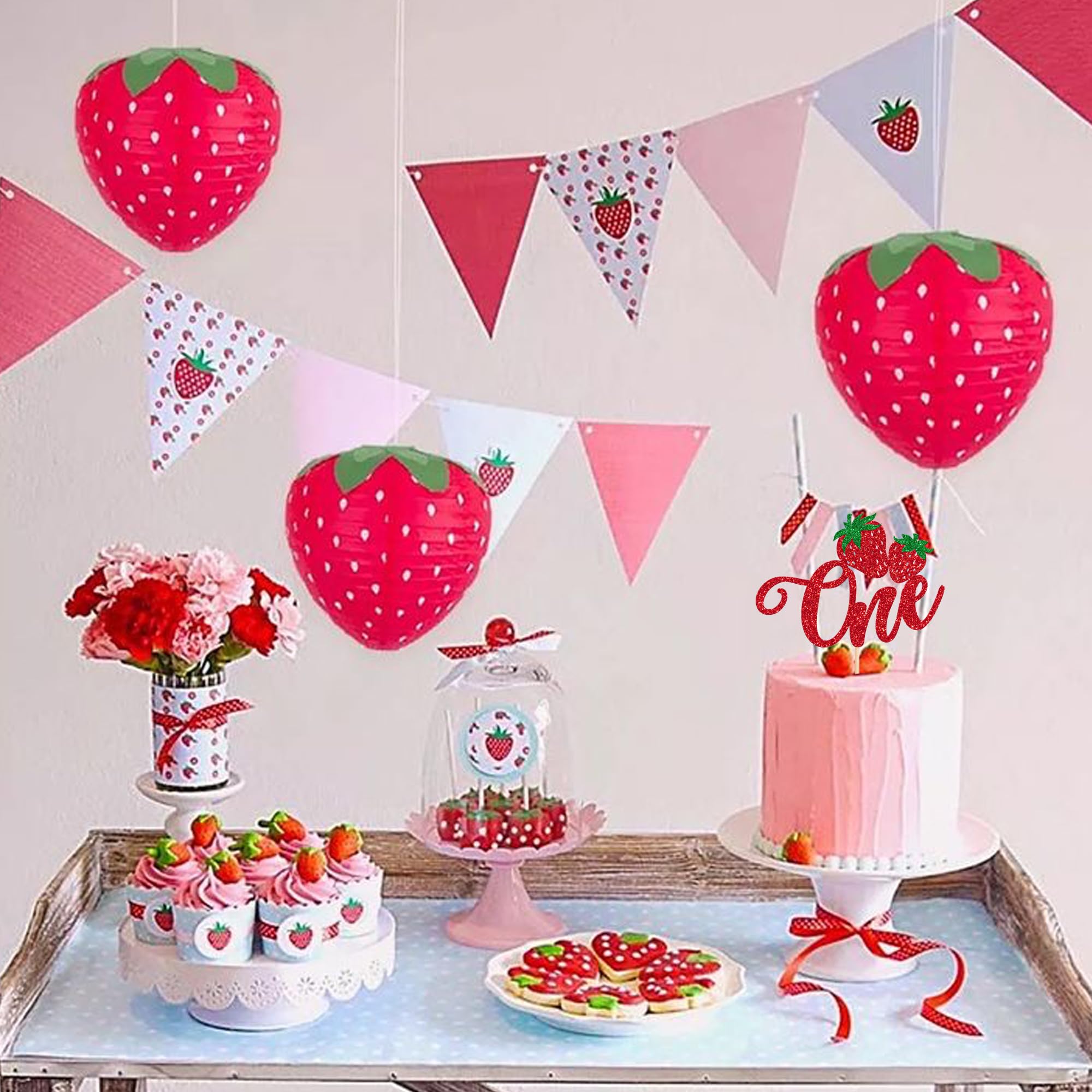 Strawberry 1st Birthday Cake Topper - Glitter & Flower Design, Fruit Theme Baby Shower Decor, Single Pick - View #2