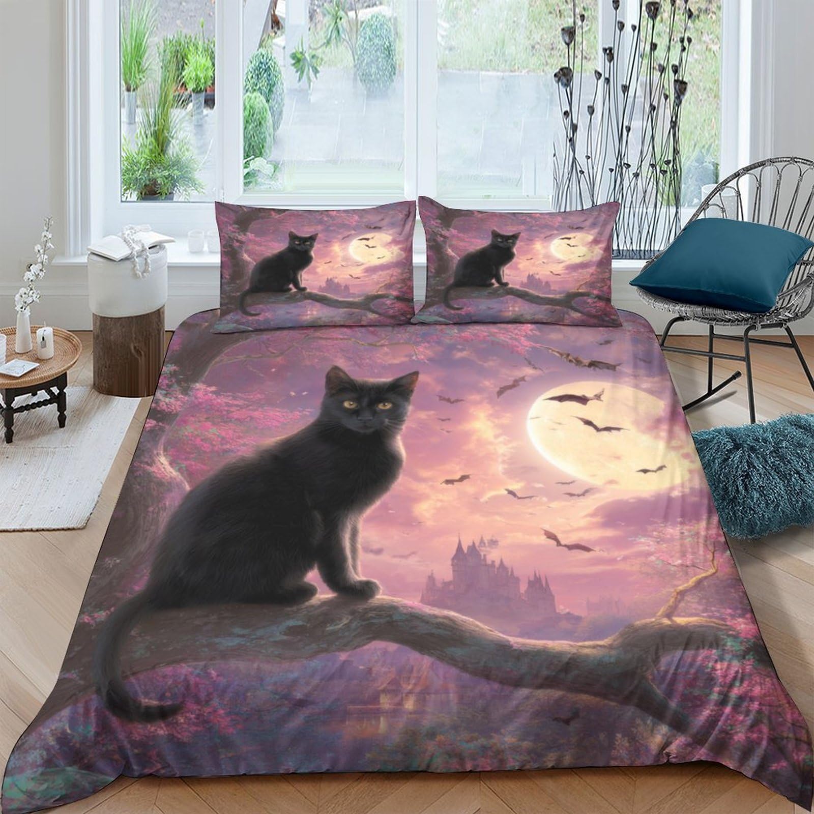 Ctjqhvkz Style-3 3D Printed Black Cat Moon Fitted Sheet Microfiber Soft Slip-Resistant Gothic Night Mattress Cover Bedroom Decor Single（135X200cm）