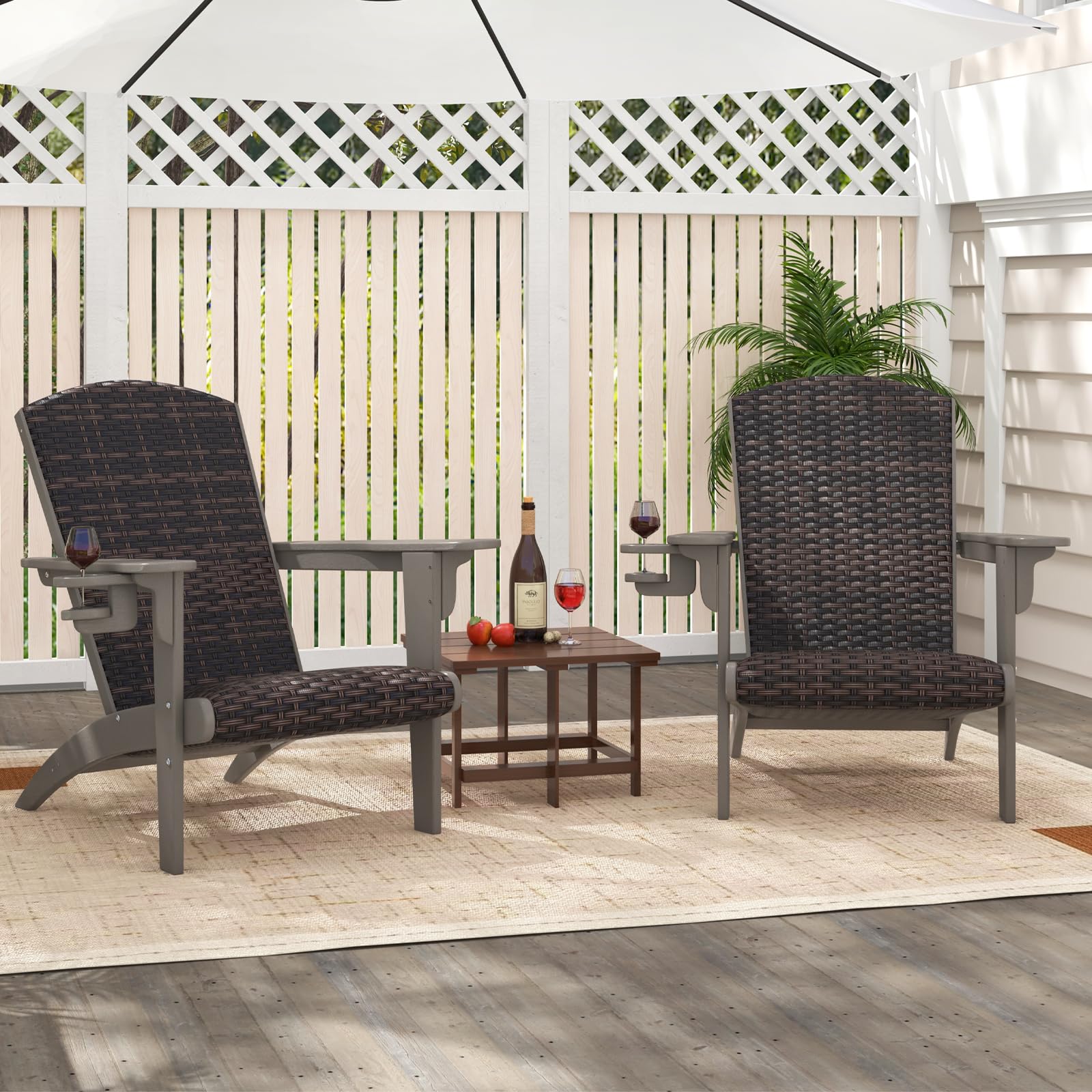 COSTWAY Silla Adirondack, HDPE con Asiento y Respaldo Acolchonados de Ratán, Silla Jardin con Reposabrazos Anchos y Portavasos Oculto, 92 x 76 x 100 cm (Gris)