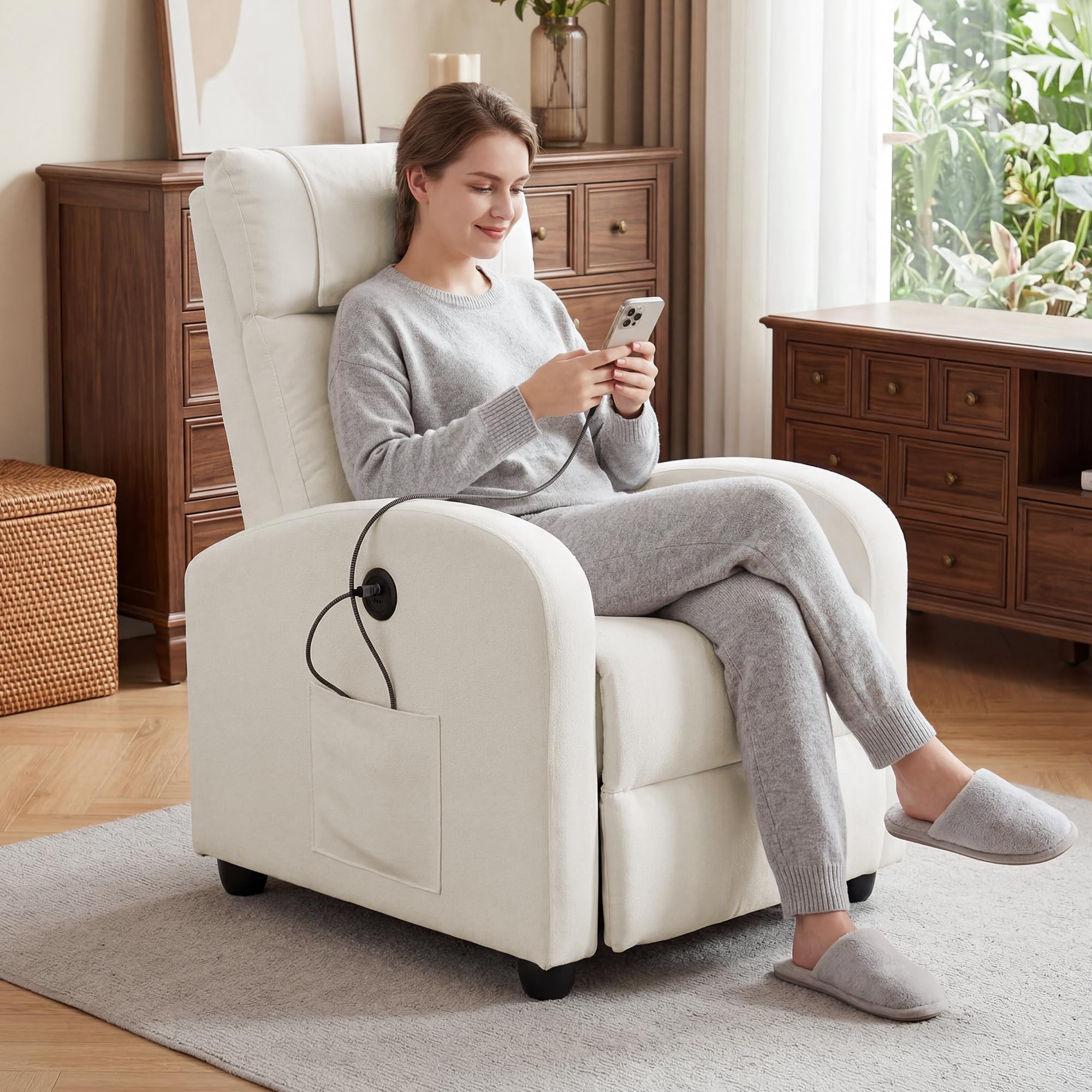 BonVoche Fauteuil Relax, Fauteuil Détente avec Ports de Chargement USB & Type-C, Dossier et Footstool Réglables, Siège Individuel pour Salon, Chambre, Bureau, Tissu Lin, Beige