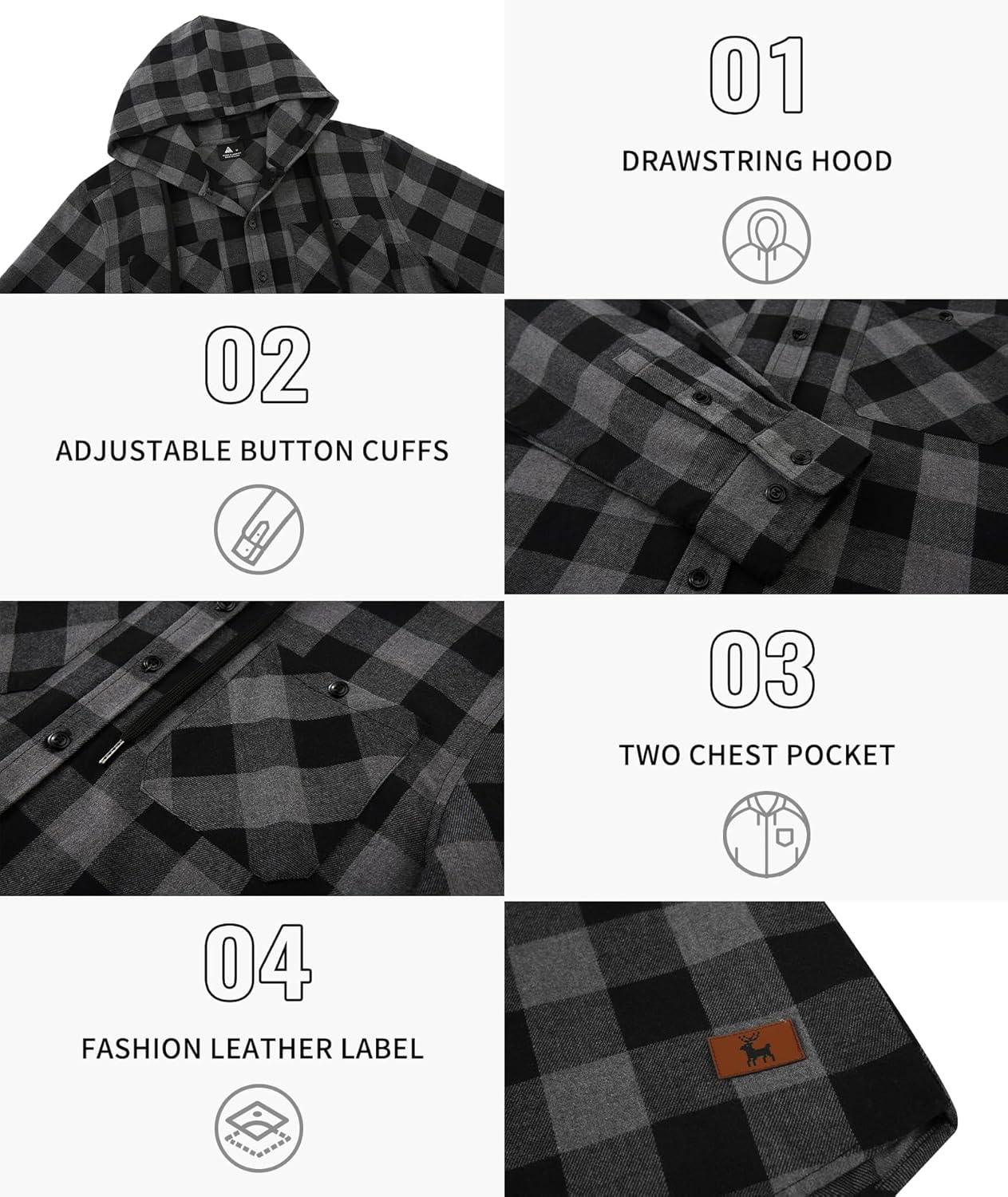Mens Hooded Flannel Shirts Hoodie Shirt Lightweight Long Sleeve Casual Plaid Button Down Jackets Stylish with Pocket - Image 5