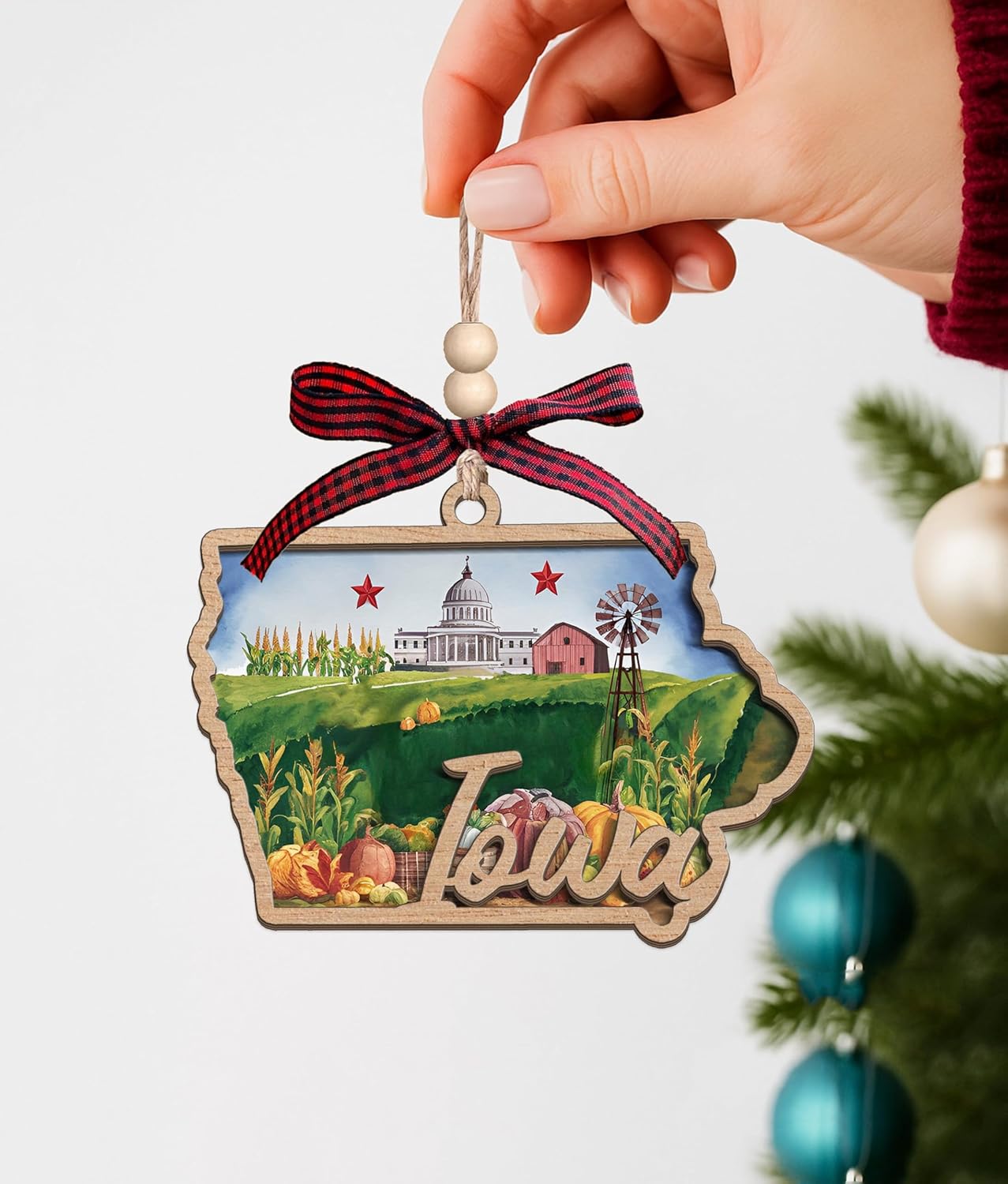 Iowa State Christmas Wooden Ornament - 2-Layer Laser-Cut Wooden Keepsake - Rustic Holiday Decor & Ideal Travel Gift for Women Men Family & Friends - Iowa Locals Gift - Image 2