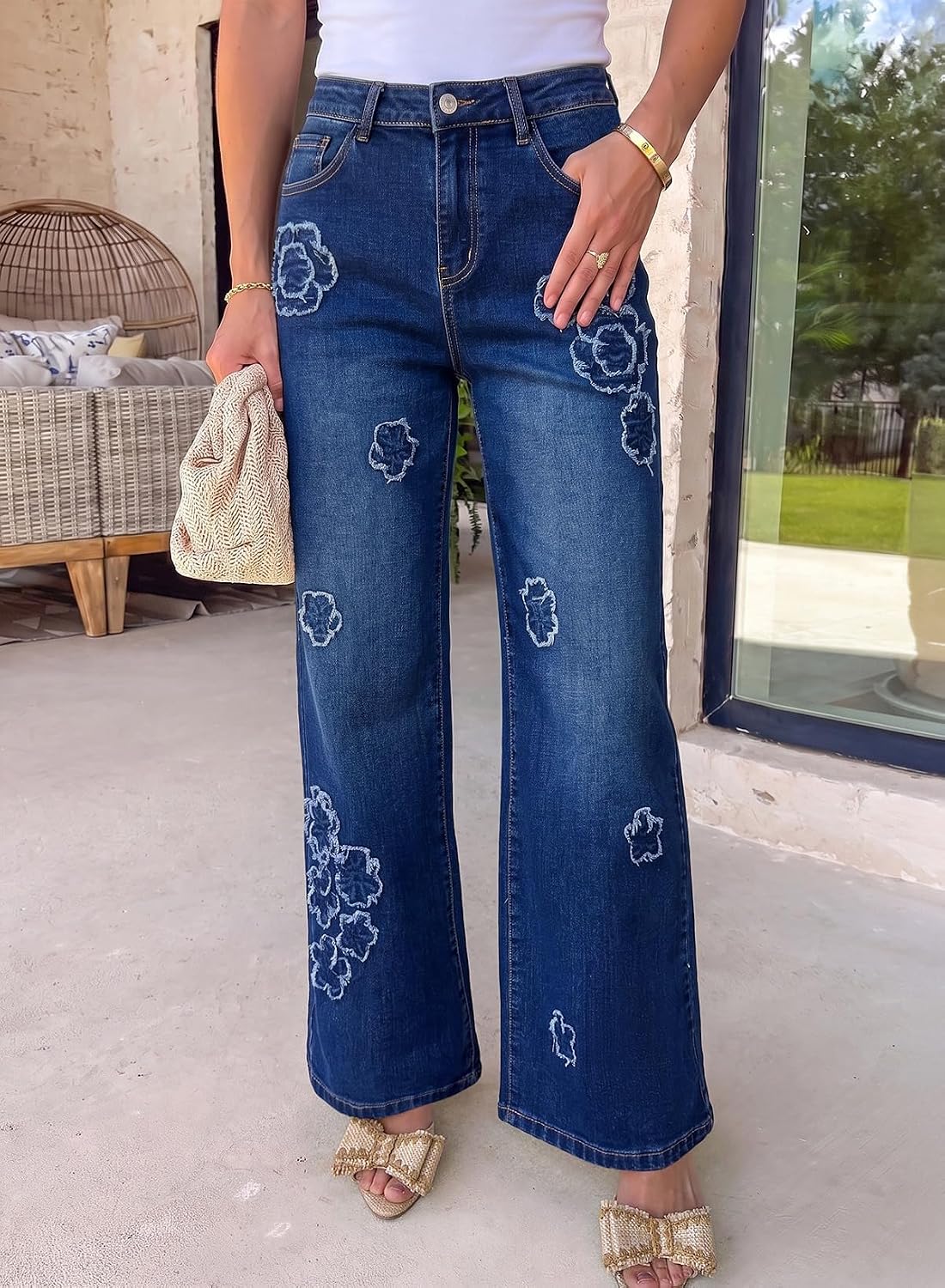 Sidefeel Women's Straight Leg Floral Embroidery Jeans image 2