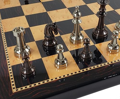 Juego de ajedrez clásico Staunton de bronce antiguo y plata de latón real, tamaño King de 3 3/8 pulgadas, con tablero de color nogal oscuro de 18