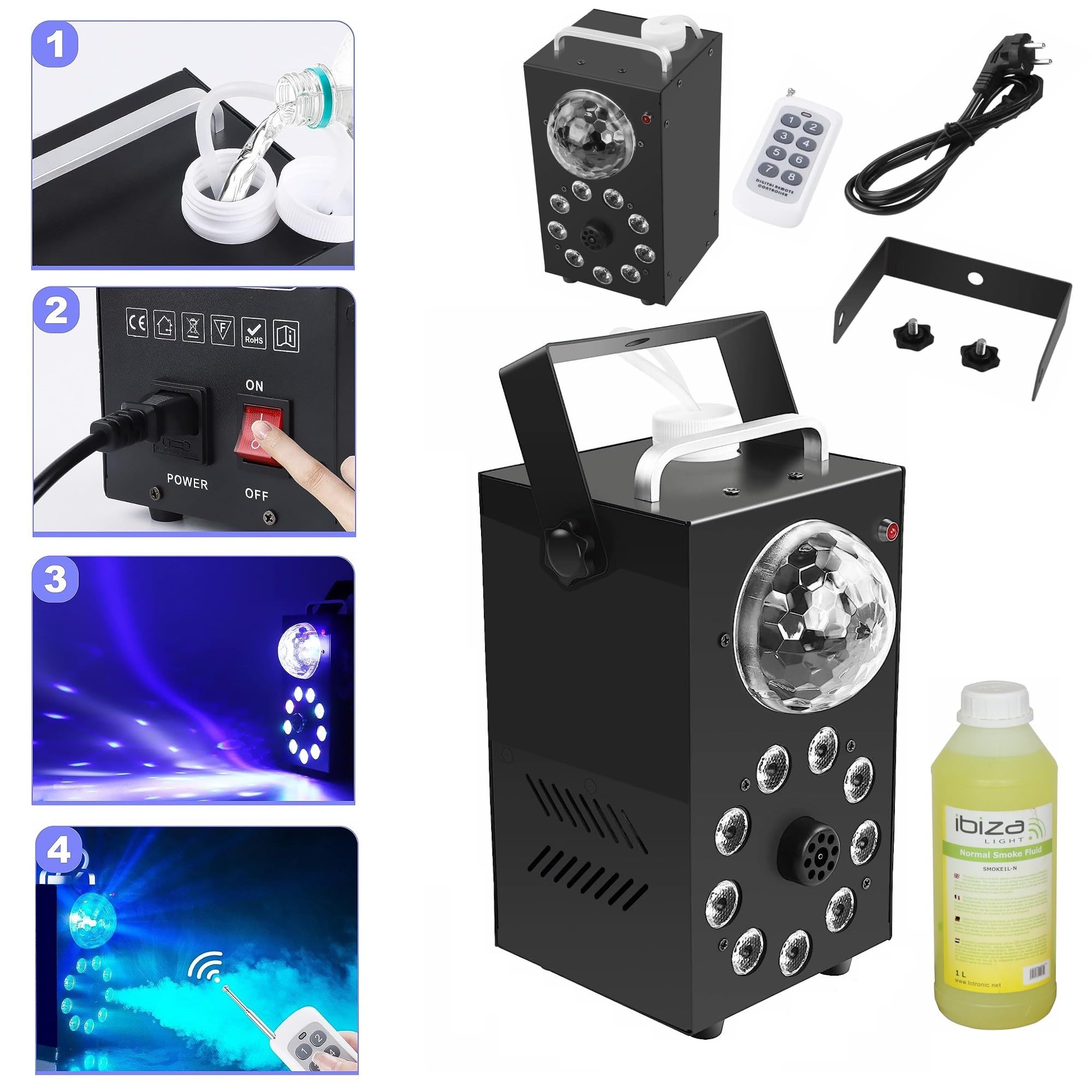 Générique Pack Lumières IBIZA LIGHT - Ensemble Jeux Lumières Stroboscope Astro Derby - Machine Fumée LEDS RGB FOGGY-ASTRO Soirée Cadeau Fête