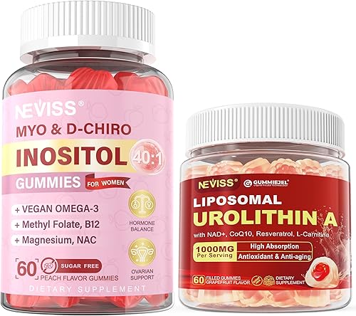 NEVISS Paquete de 2 gomitas de mio-inositol y D-Chiro inositol con magnesio D3 + 1 paquete de Urolitina A de 1000 mg gomitas con NAD+, CoQ10