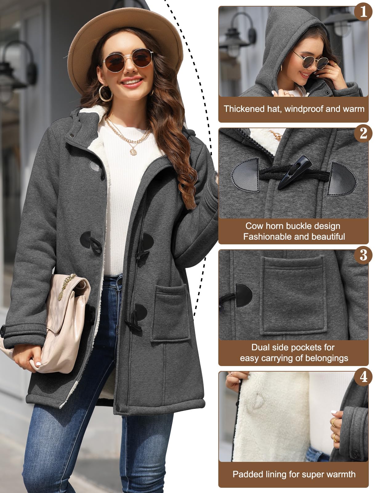 Yuson Girl Winterjacke Damen Fleecejacke Lang Wintermantel Warm Hornknopfjacke Einfarbig Kapuzenpullover Winter Cardigan Sweatshirt Damen Kapuzenjacke mit Knopf und Reißverschluss