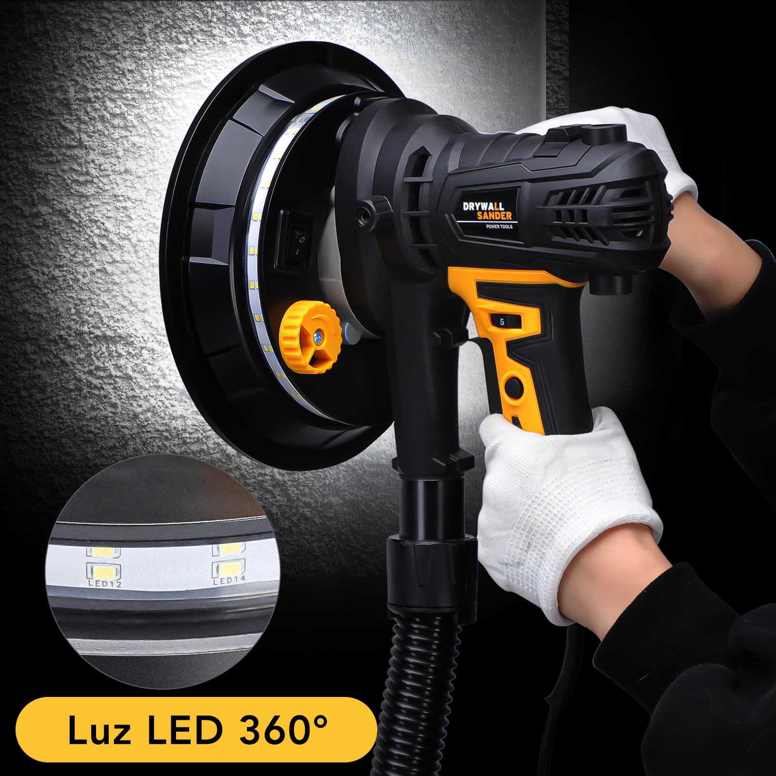 Lijadora de Pared 900W,1400-2700 RPM/5velocidades de succión variable ajustable, Lijadora pared y techo con luz LED,Sistema de Autolimpieza/8 discos de lijado,lijadora pladur lijado grueso/fino