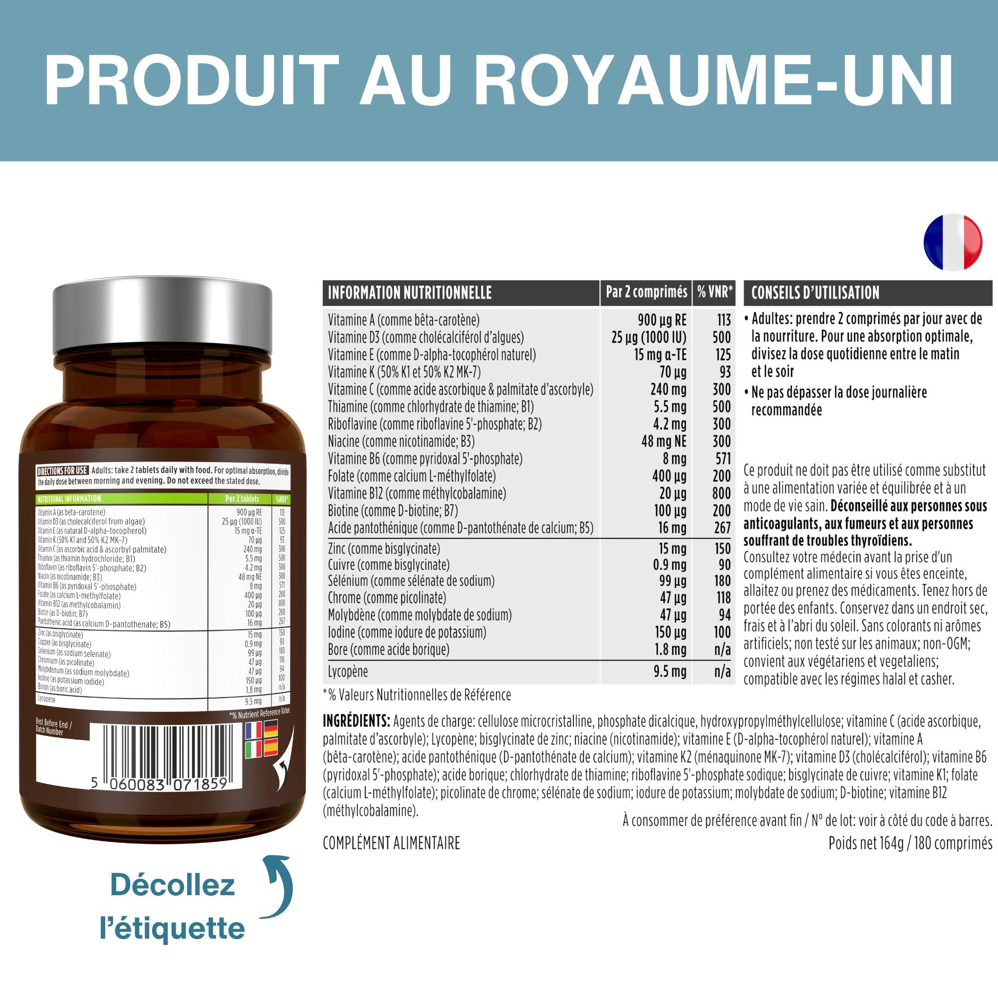 Igennus Multivitamines pour hommes avec lycopène, Dosé avec expertise prête à être absorbée pour l'énergie, l'immunité et la santé cardiaque, libération prolongée, vitamines B méthylées, 180 comprimés