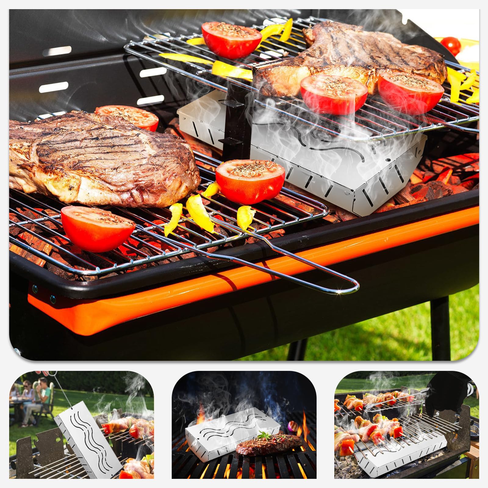 Affumicatore Box Bbq, Affumicatore di Grande Capacità con Presa di Ossigeno su 5 lati, Smoker Box in Acciaio Inox con 2 Ganci, BarbecueAffumicator Griglie a Gas Aumentare il Fumo
