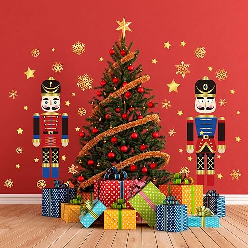 Miniatura 4 de Whaline 8 hojas de calcomanías de Navidad grandes para puerta de cascanueces de copo de nieve dorado para refrigerador pared ventana puerta