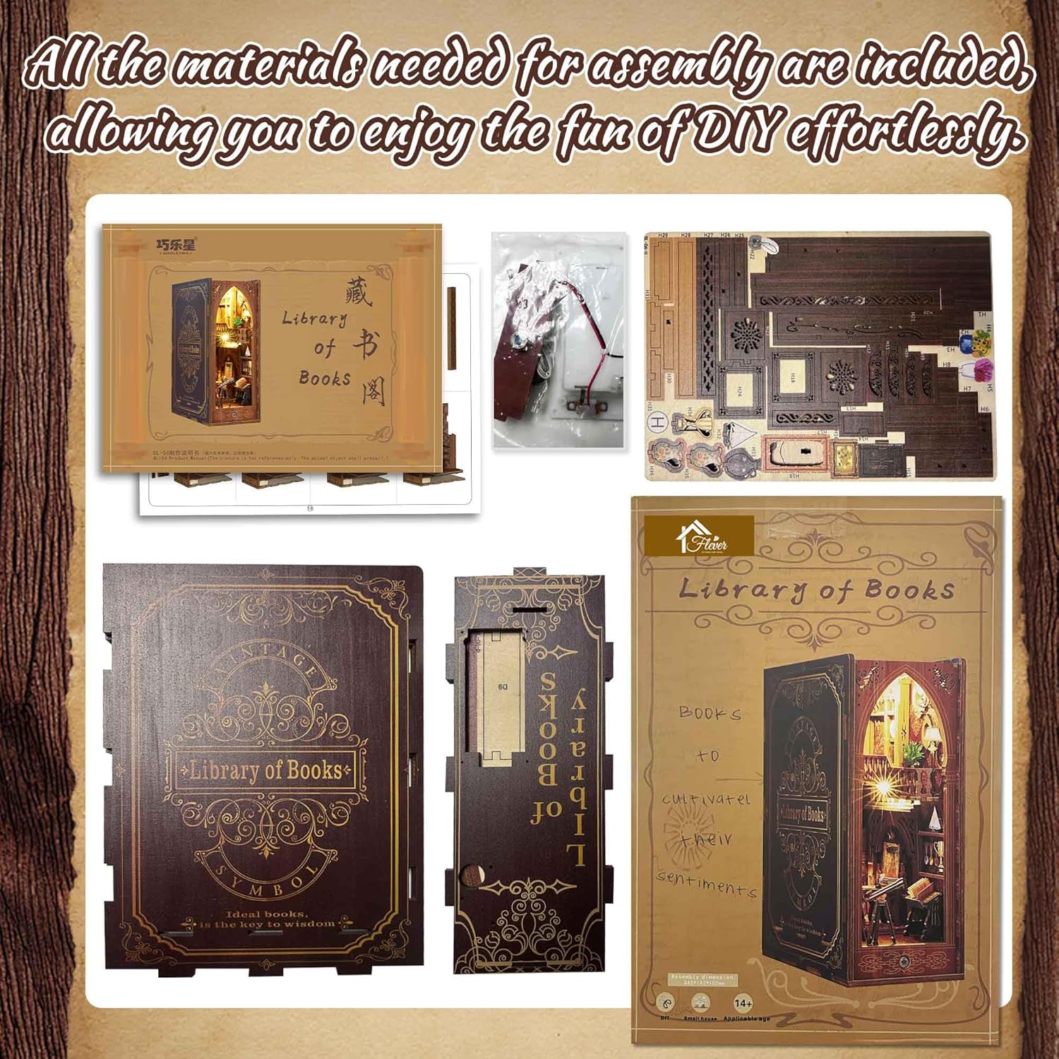 Flever Dollhouse DIY Book Nook Miniature Kit, DIY Booknook Bookshelf Insert Decor, 3D Wooden Booknook Miniature Kit for Creative Assembled Bookends (Library of Book)