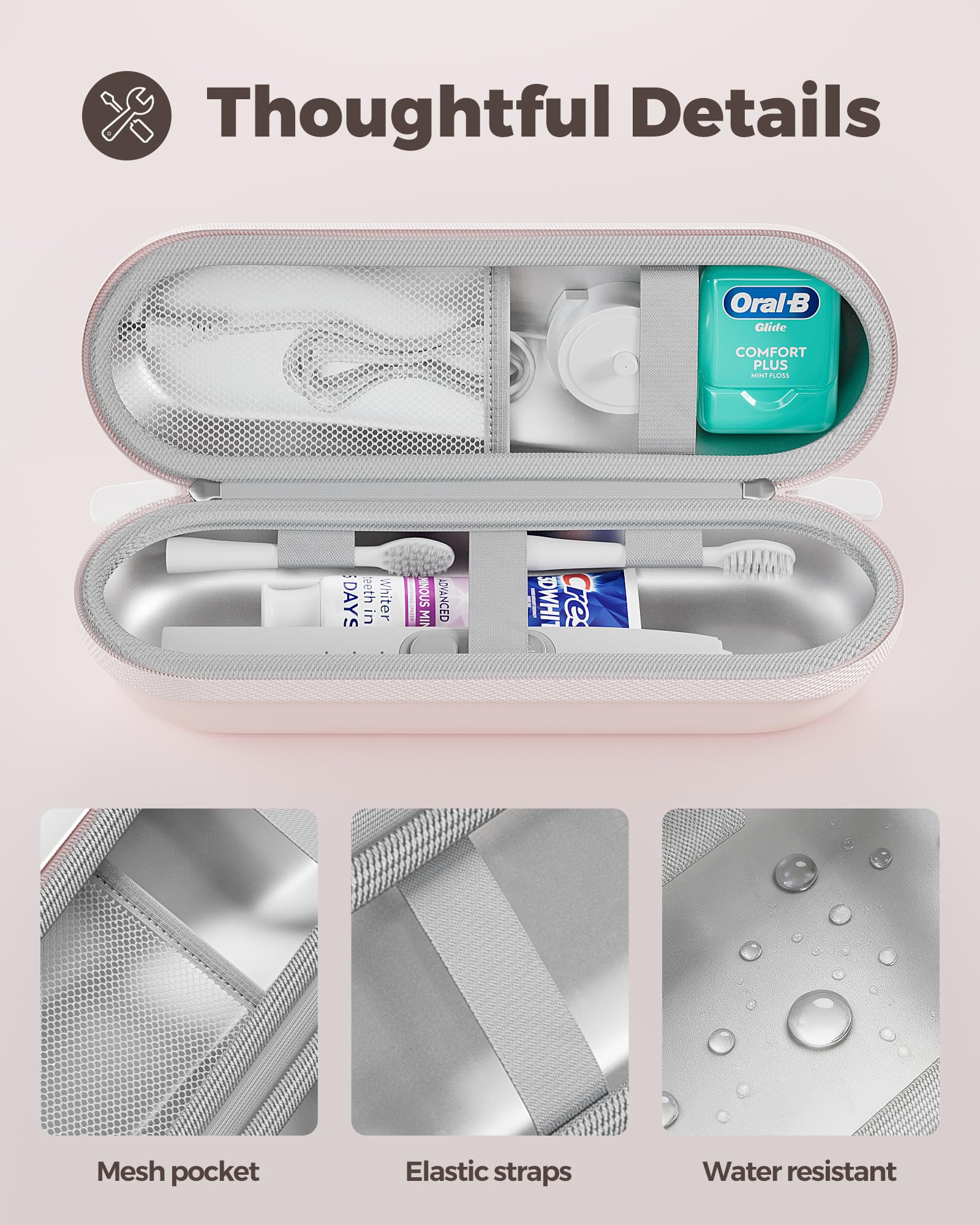 ProCase 歯ブラシケース 携帯用 旅行用 防水ハードケース Oral-B Philips対応 - ピンク（L） | 電動歯ブラシケース,アクセサリー収納付き,多機能,軽量,耐久性,持ち運び便利,出張や旅行に