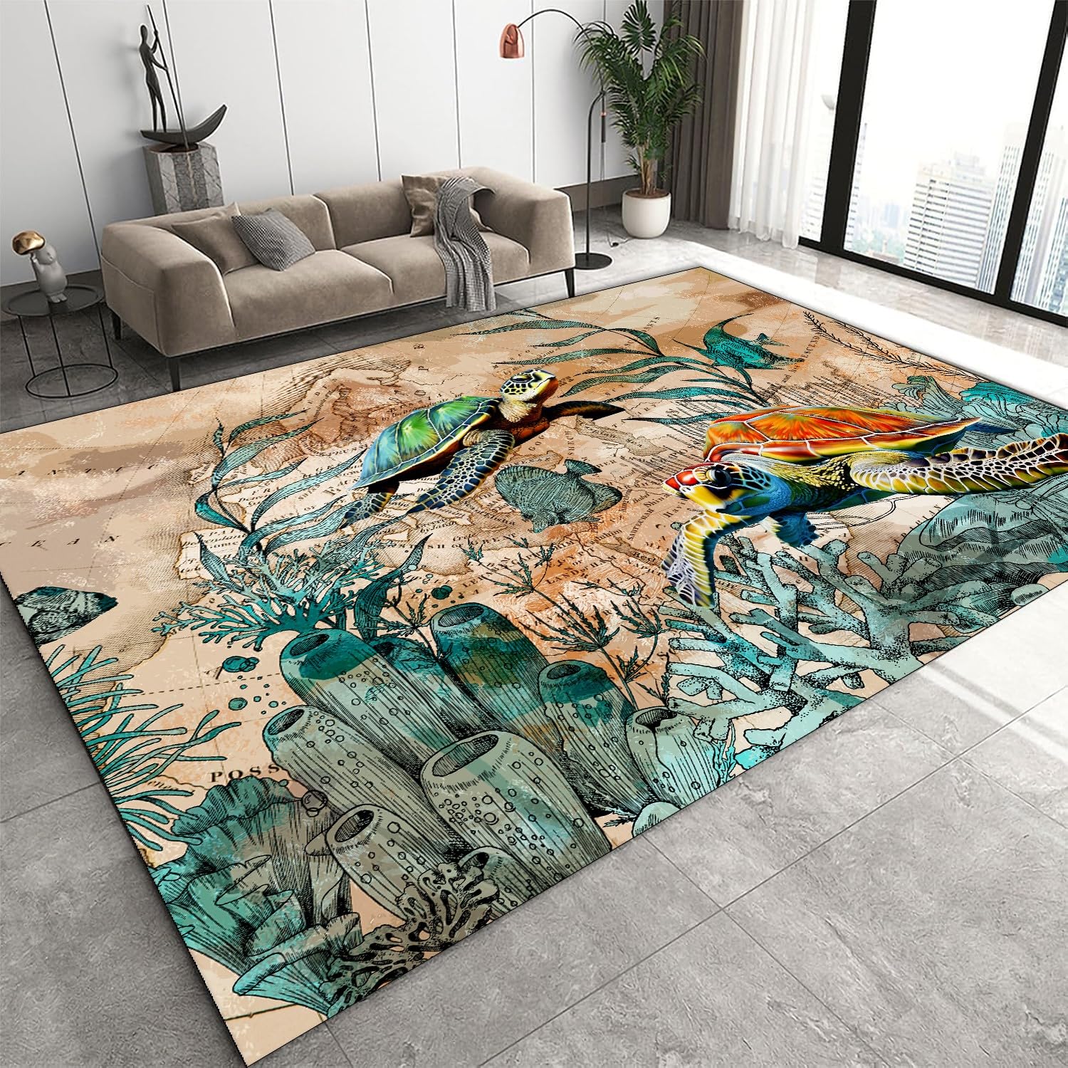Coasta Lnautical Area Rugs,6x8ft, Blue Turtles Marine Area Rugs， Beach Coral Teal Starfish Fish Marine Animal Rug, Nautical World Map Rug， Non-Slip