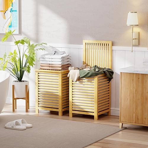 Miniatura 2 de SMIBUY Cesta doble para ropa sucia con tapa, cesta de bambú de 120 litros con bolsa extraíble con forro extraíble, separador de ropa de 2 secciones