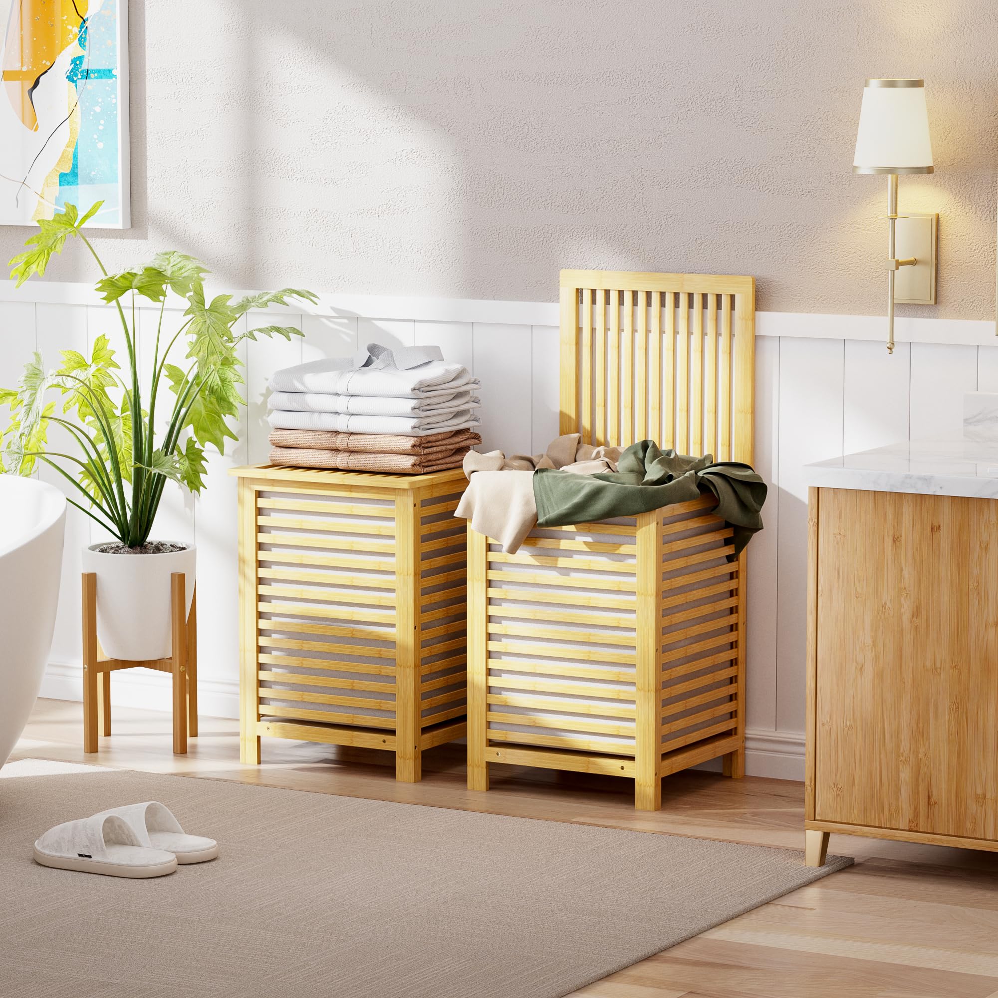 SMIBUY Panier à linge en bambou 120L avec couvercle, sac de doublure amovible, trieur à linge à 2 sections, naturel, beige, à rayure