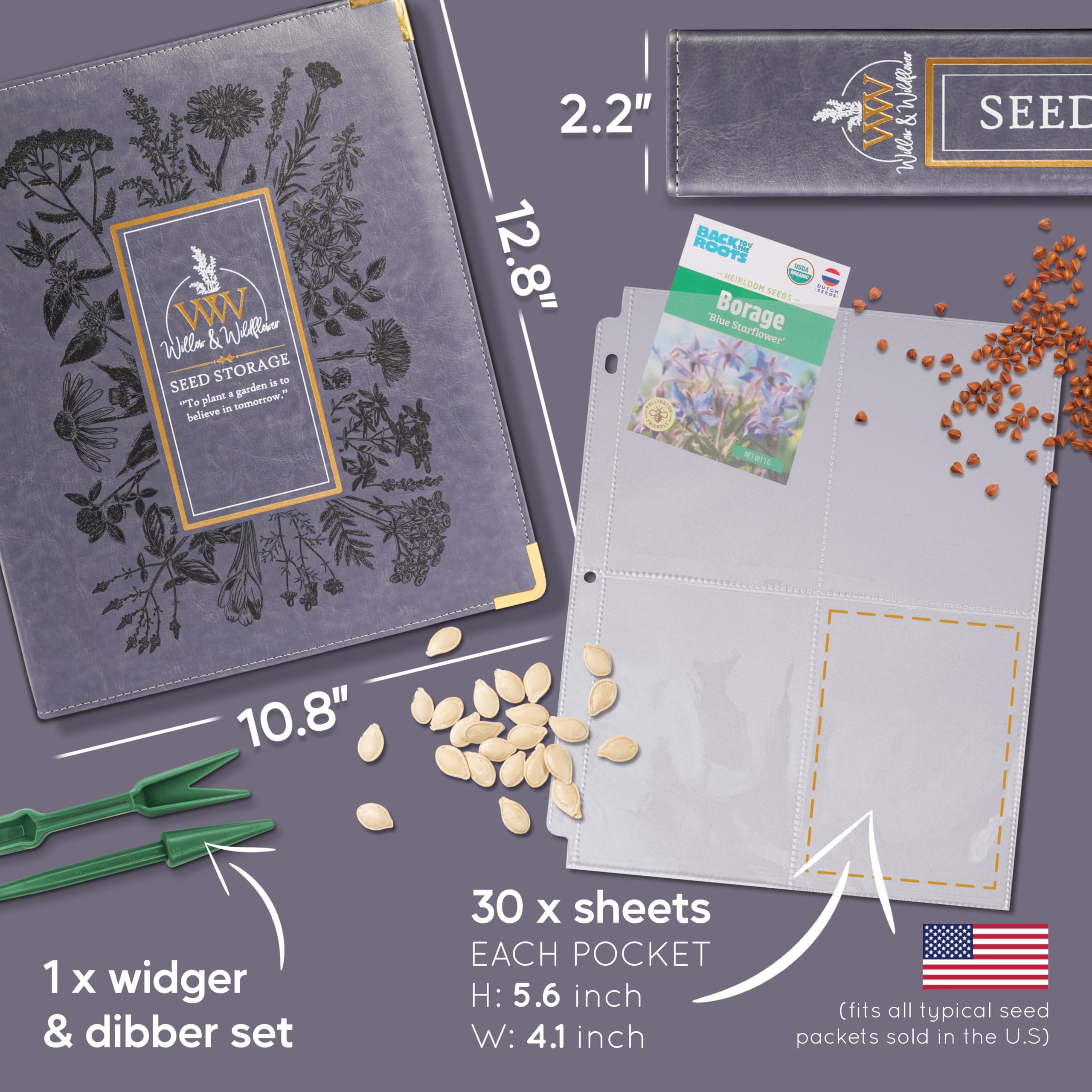Create-ables Classeur de rangement de graines de jardin en saule et fleurs sauvages, organiseur de semences, classeur de jardin pour stockage de paquets, catalogue peut stocker 160 paquets avec