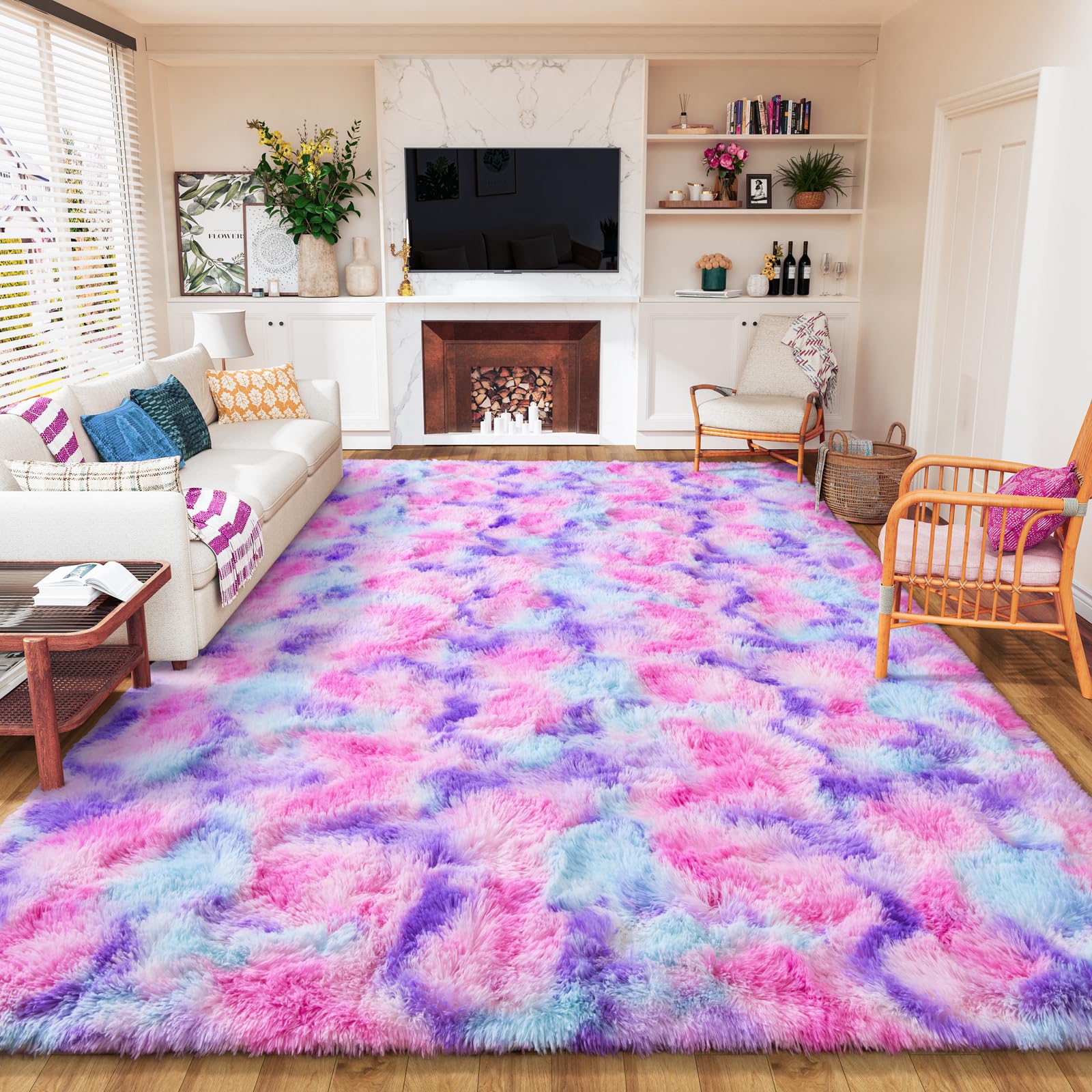 AROGAN 8x10 Feet Soft Rainbow Area Rugs for Kids Girls Room, Fluffy Cute Colorful Princess Carpet for Kids Teens Nursery Toddler,Bedroom, Hot Pink