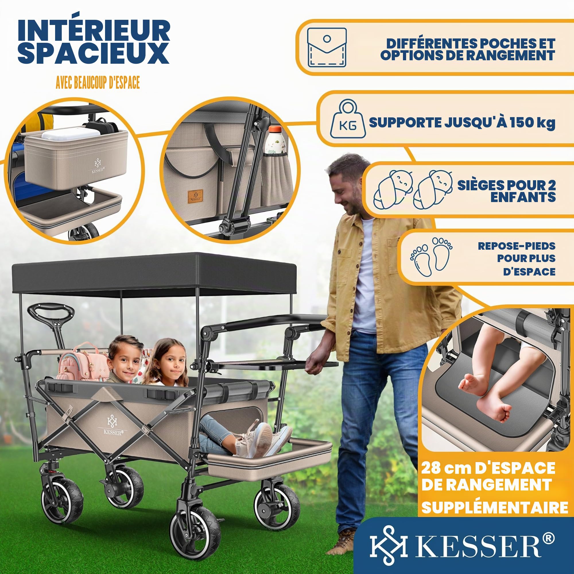 KESSER GTS-9100 Chariot de transport pliable avec toit Charge maximale 150 kg Avec roues en caoutchouc dur et freins de stationnement avant/arrière Avec serrure, couverture, intempéries et brise-vue