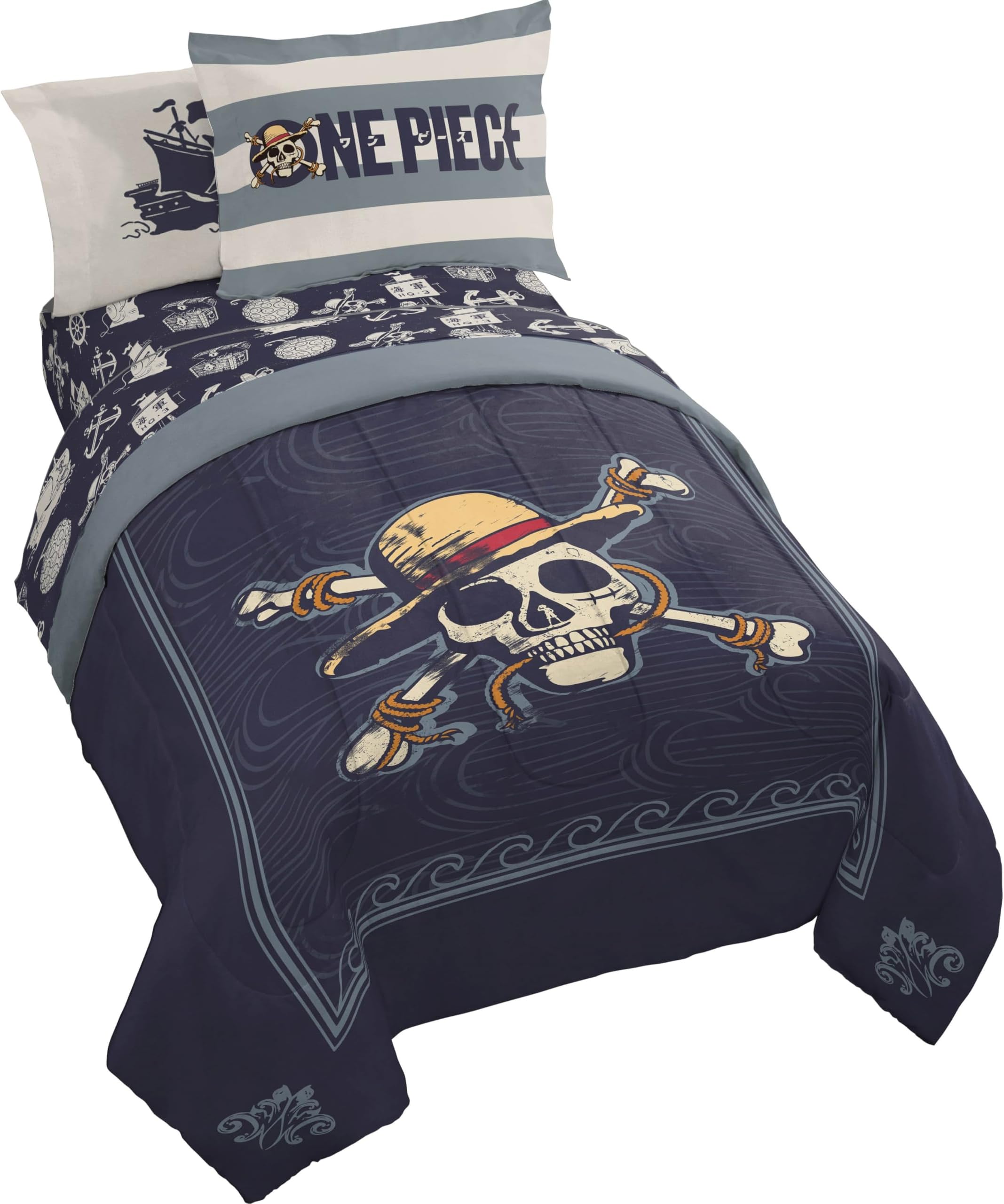 One Piece Full Size Comforter Set - 7 Piece Blue Bedding Includes Sheet Set & Pillow Covers - Super Soft Anime Bedding with Skull and Bones