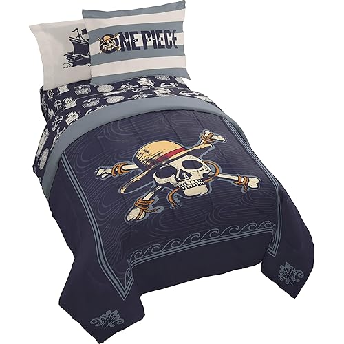 Jay Franco One Piece Full Size Comforter Set - 7 Piece Blue Bedding Includes Sheet Set & Pillow Covers - Super Soft Anime Bedding with Skull and Bones