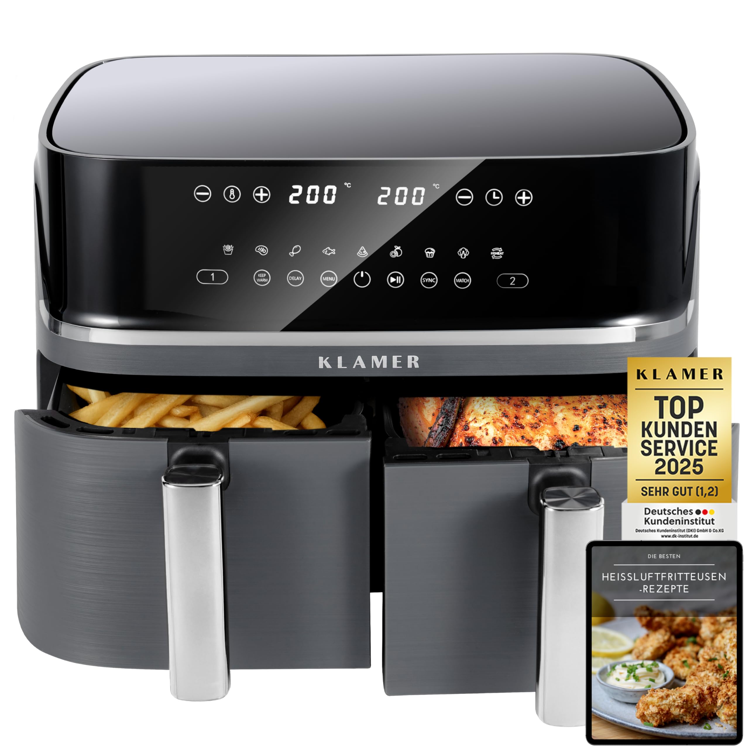 KLAMER Heißluftfritteuse Duo 9 L – Doppelkammer Airfryer mit 2 Körben & Digitaldisplay, 10 Automatikprogramme, Dual-Funktion, Timer, 3000 W Heißluft-Zirkulation, spülmaschinengeeignet