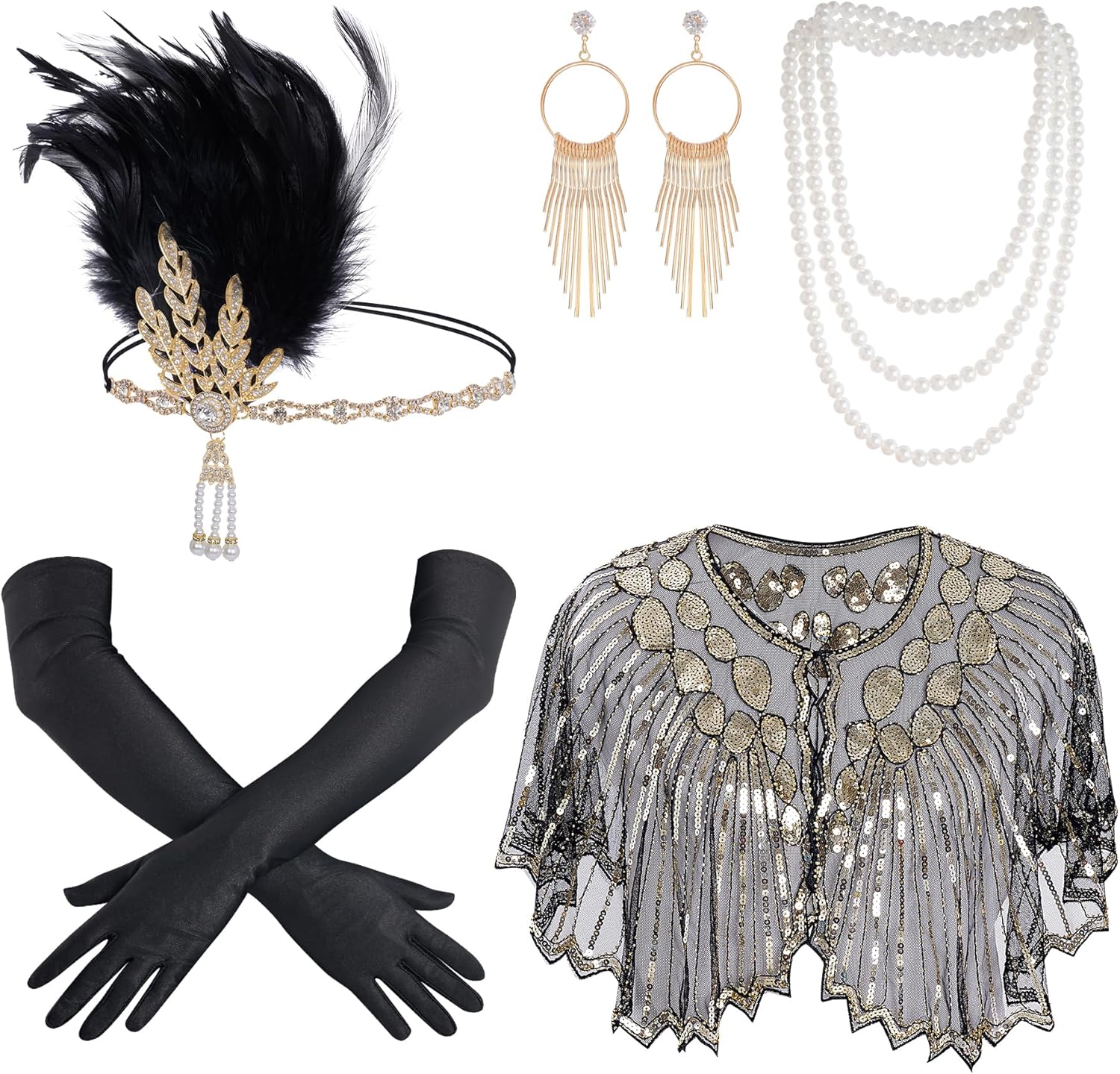 choyaxo Flapper Accessories Set Including Roaring 20s Headpiece Shawl Long Gloves Necklace Earrings for Women Great Gatsby Party choyaxo Flapper Accessories Set Including Roaring 20s Headpiece Shawl Long Gloves Necklace Earrings for Women Great Gatsby Party