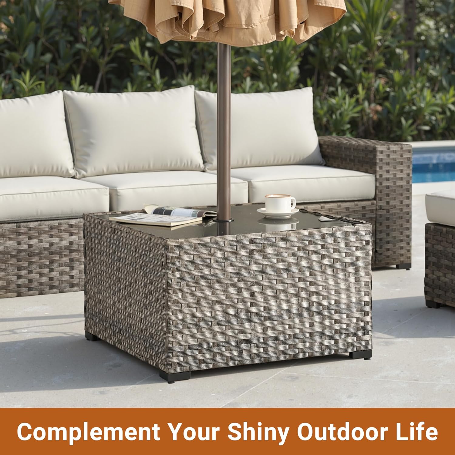 HOOOWOOO Outdoor Patio Side Table with Umbrella Hole,Wicker Coffee End Table Glass Top,Umbrella Table with 1.64" and 2" Hole for Yard,Deck,Porch,Garden(Rectangle Brown)