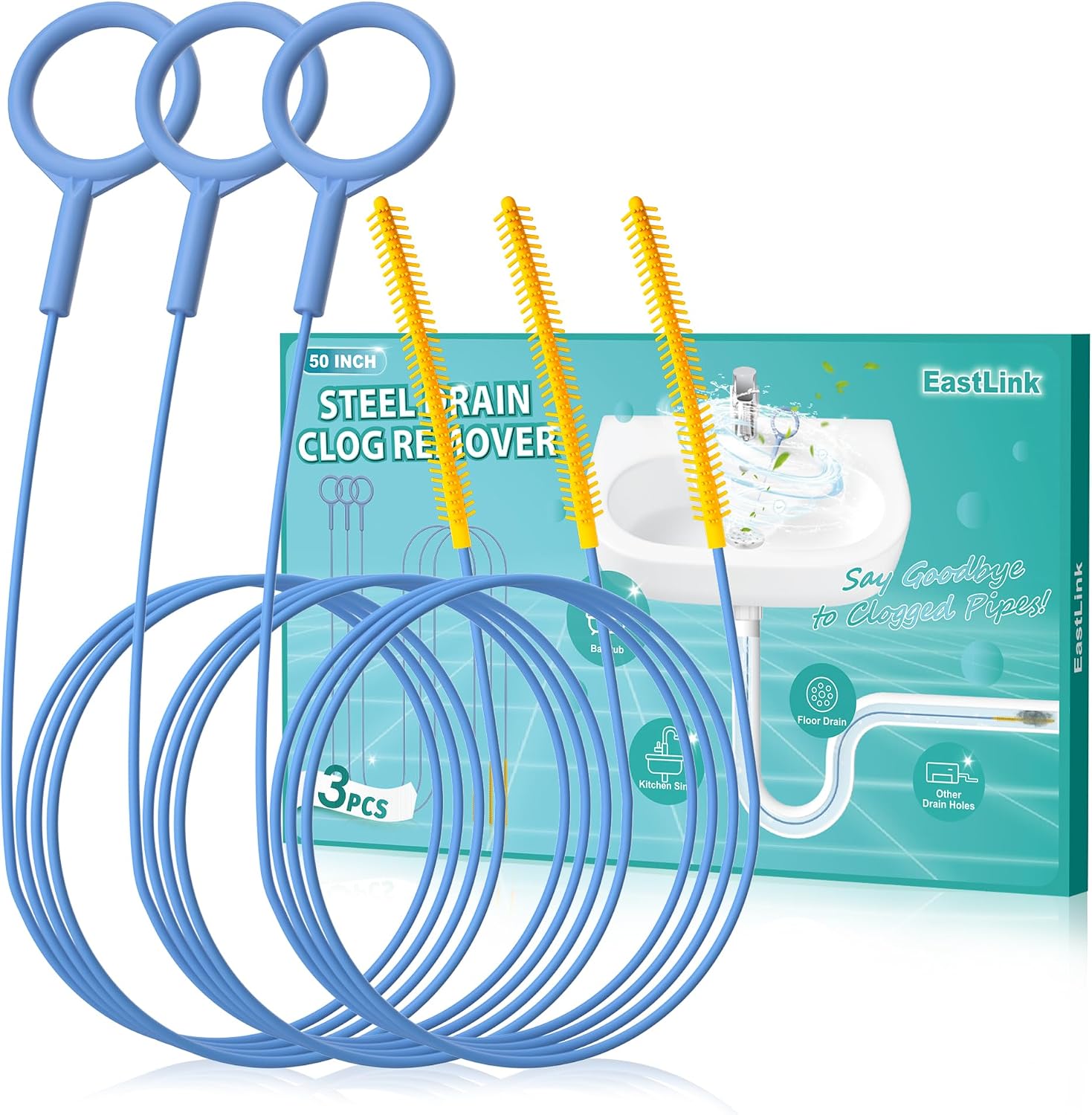 EastLink 50 Inch Extra-Long Drain Snake 3 Pack, Reusable Drain Clog Remover | Anti-Break Steel Core with Nylon Layer, 0.22" Ultra-Slim Width, Easy-Rinse Barbed Tip, For Bathroom, Shower and Bathtub Drain