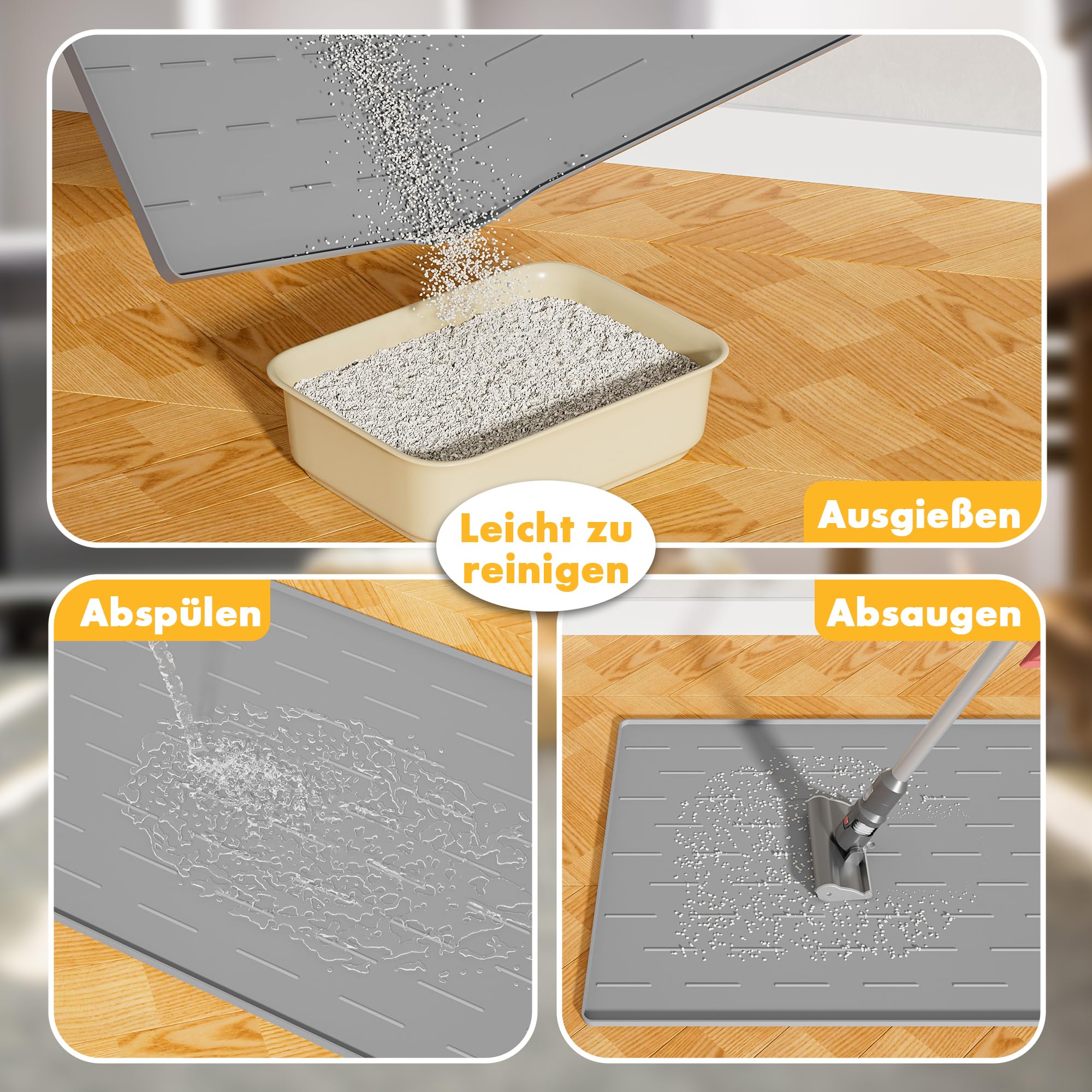 Pieviev Katzenklo Matte Groß XXL, 102x71cm Unterlage Katzentoilette Silikon | Rutschfest, Wasserabweisend, Katzenstreu Auffangmatte mit Erhöhtem Rand, Leicht zu Reinigen, Extra Gross, Hellgrau